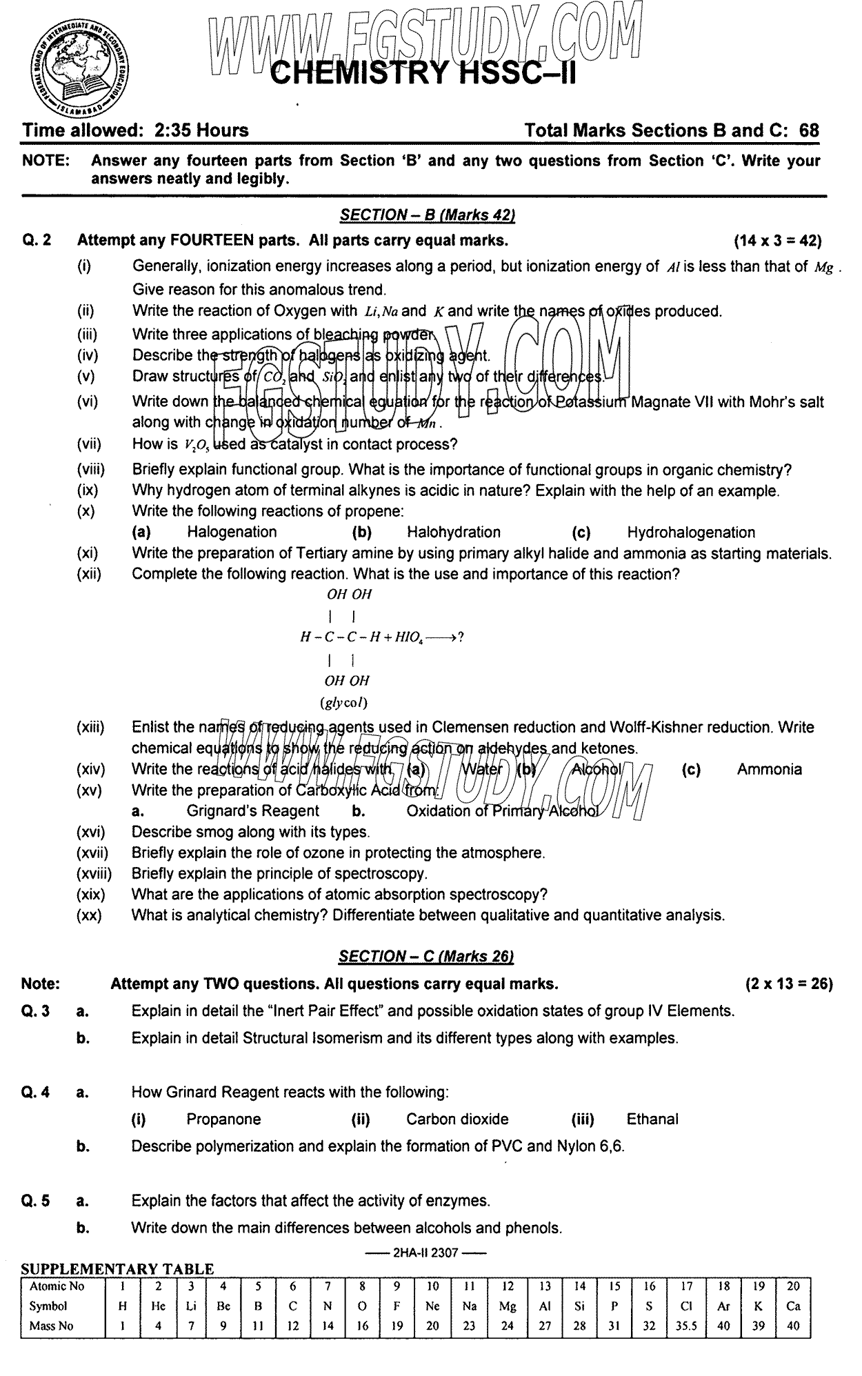 12th Class Chemistry Past Paper 2023 Federal Board Islamabad Subjective