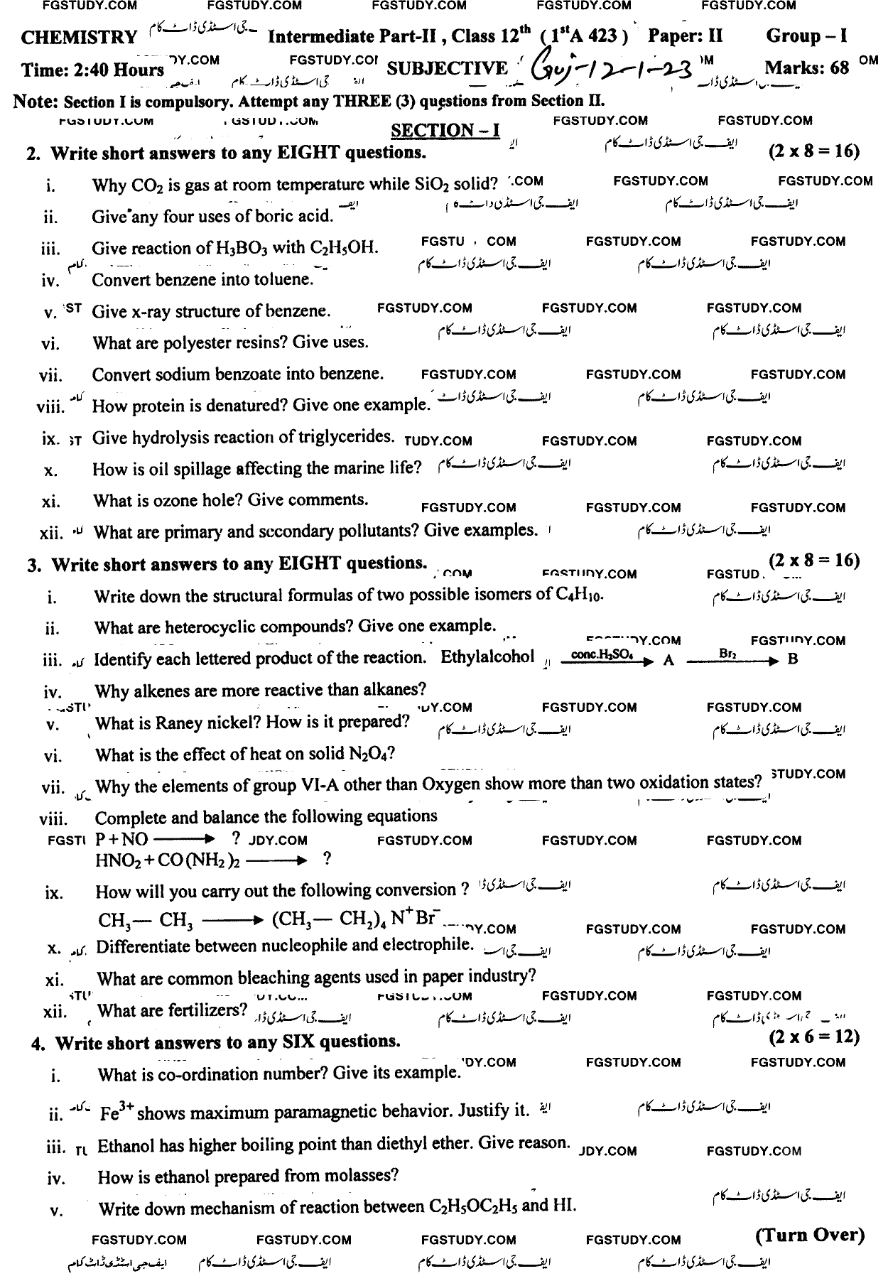 12th Class Chemistry Past Paper 2023 Gujranwala Board Group 1 Subjective