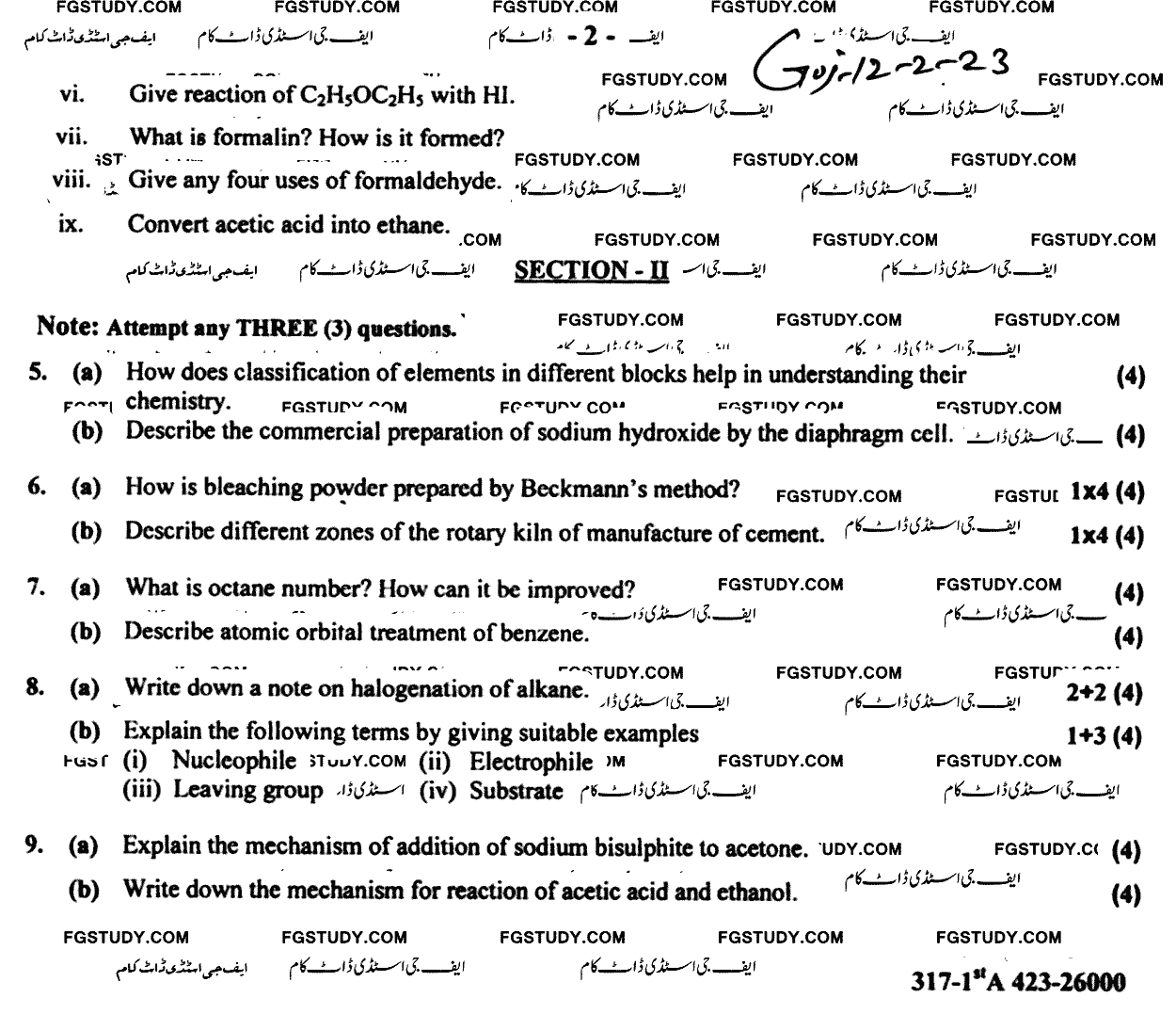 12th Class Chemistry Past Paper 2023 Gujranwala Board Group 2 Subjective