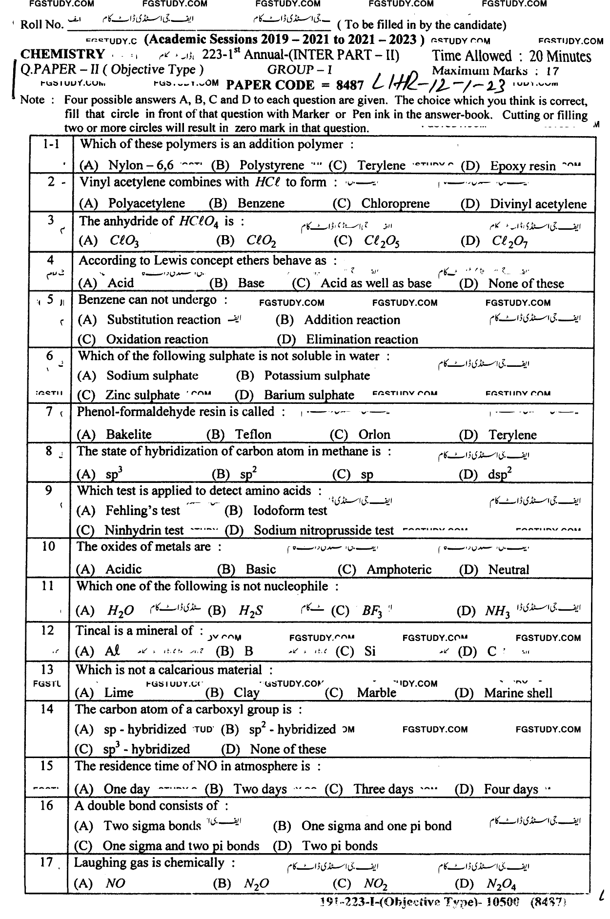 12th Class Chemistry Past Paper 2023 Lahore Board Group 1 Objective