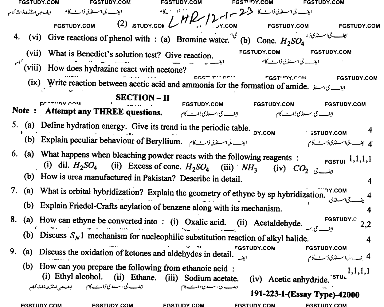 12th Class Chemistry Past Paper 2023 Lahore Board Group 1 Subjective