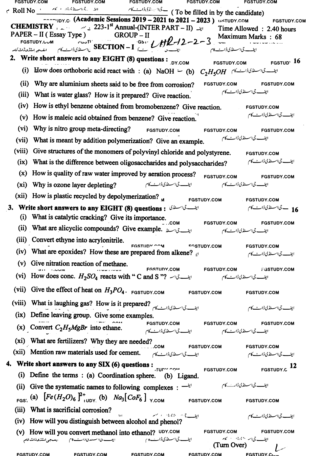 12th Class Chemistry Past Paper 2023 Lahore Board Group 2 Subjective