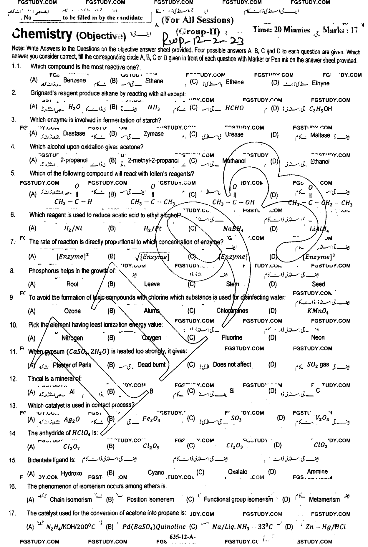 12th Class Chemistry Past Paper 2023 Rawalpindi Board Group 2 Objective