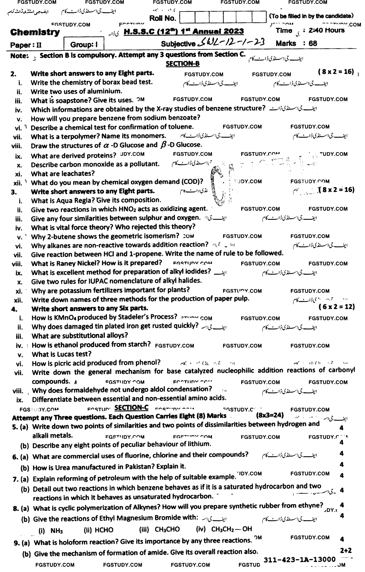 12th Class Chemistry Past Paper 2023 Sahiwal Board Group 1 Subjective