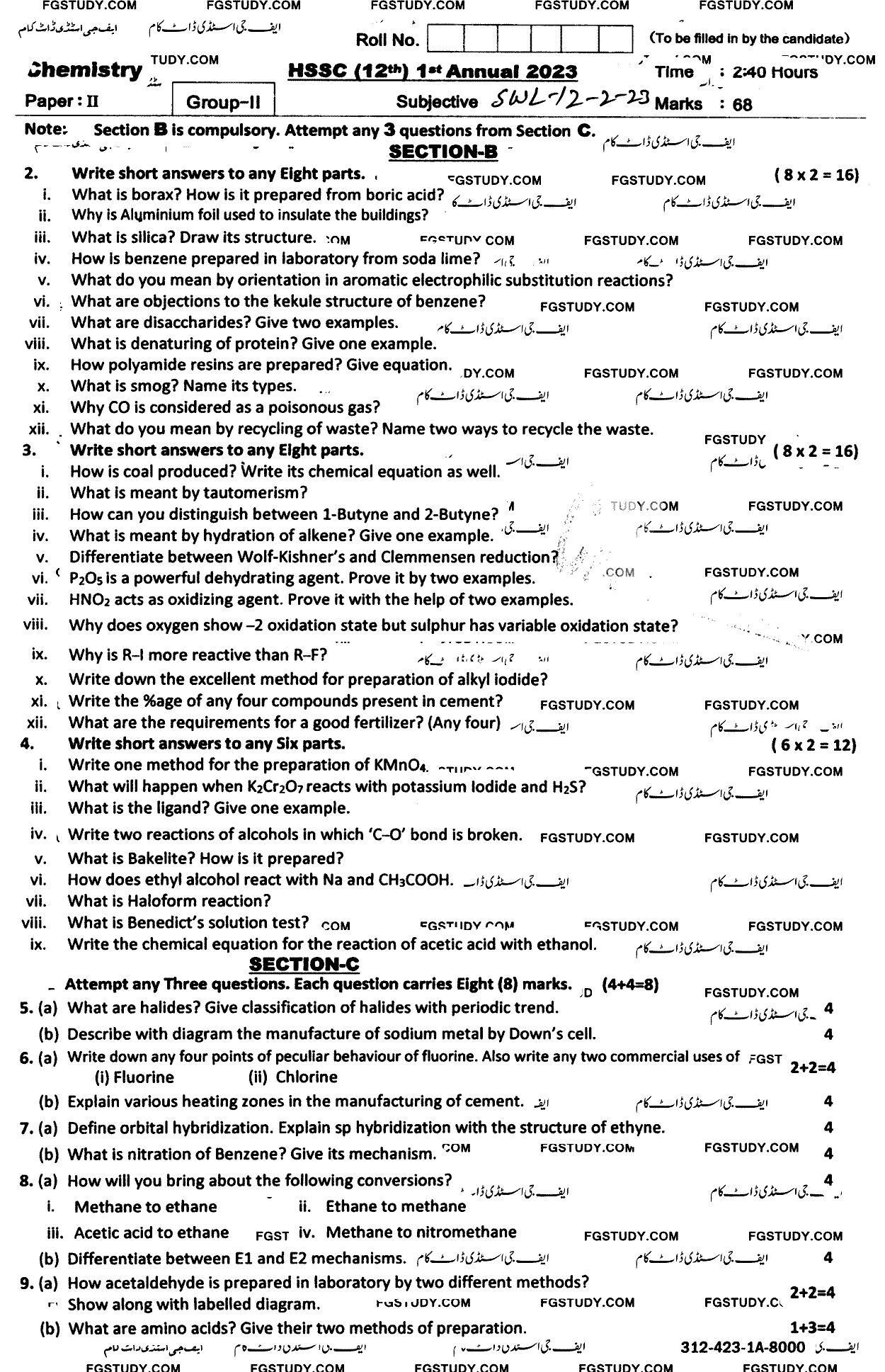 12th Class Chemistry Past Paper 2023 Sahiwal Board Group 2 Subjective