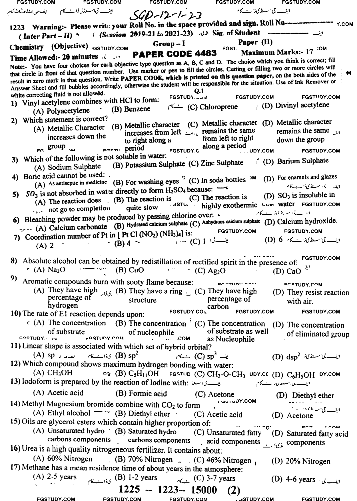 12th Class Chemistry Past Paper 2023 Sargodha Board Group 1 Objective