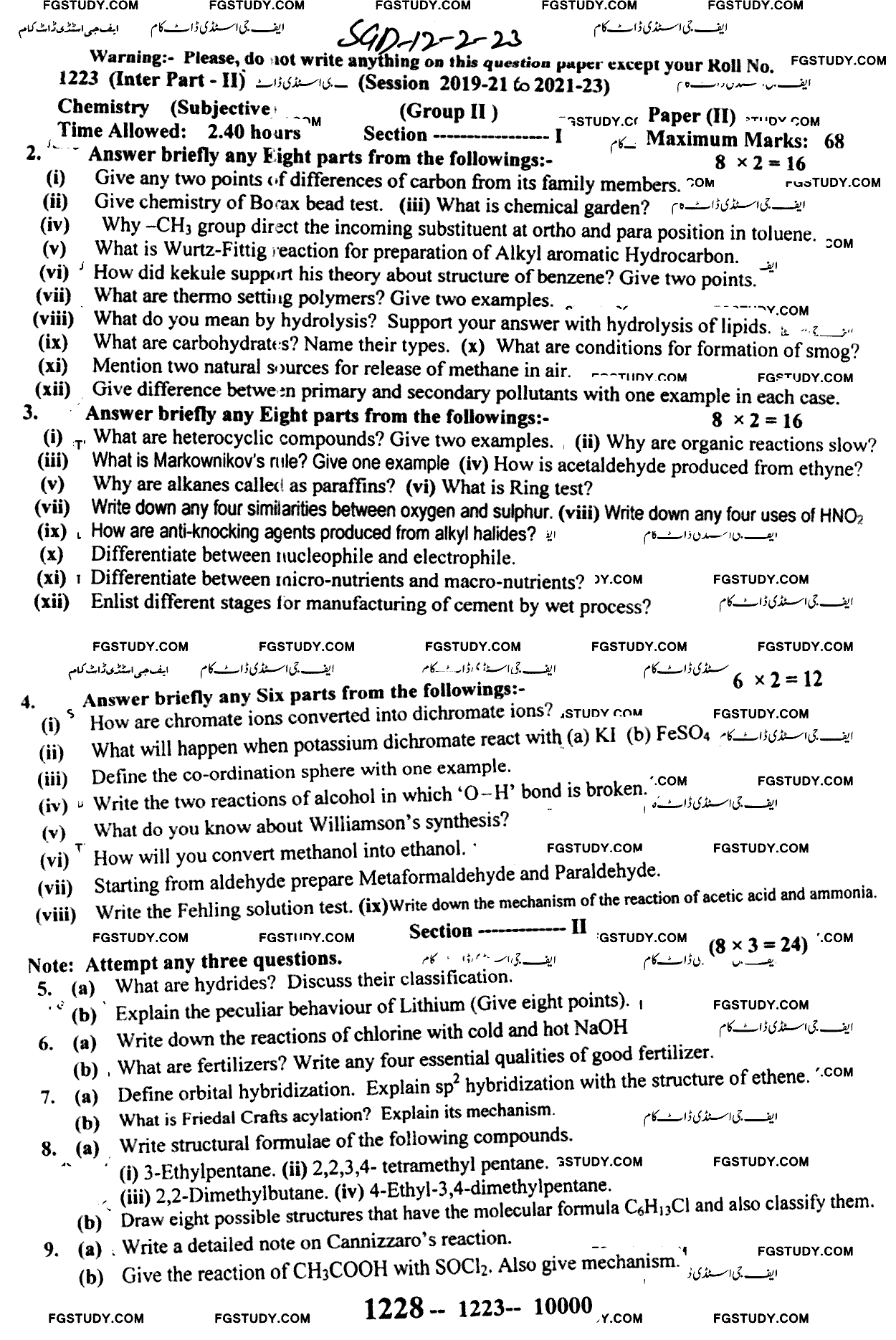 12th Class Chemistry Past Paper 2023 Sargodha Board Group 2 Subjective