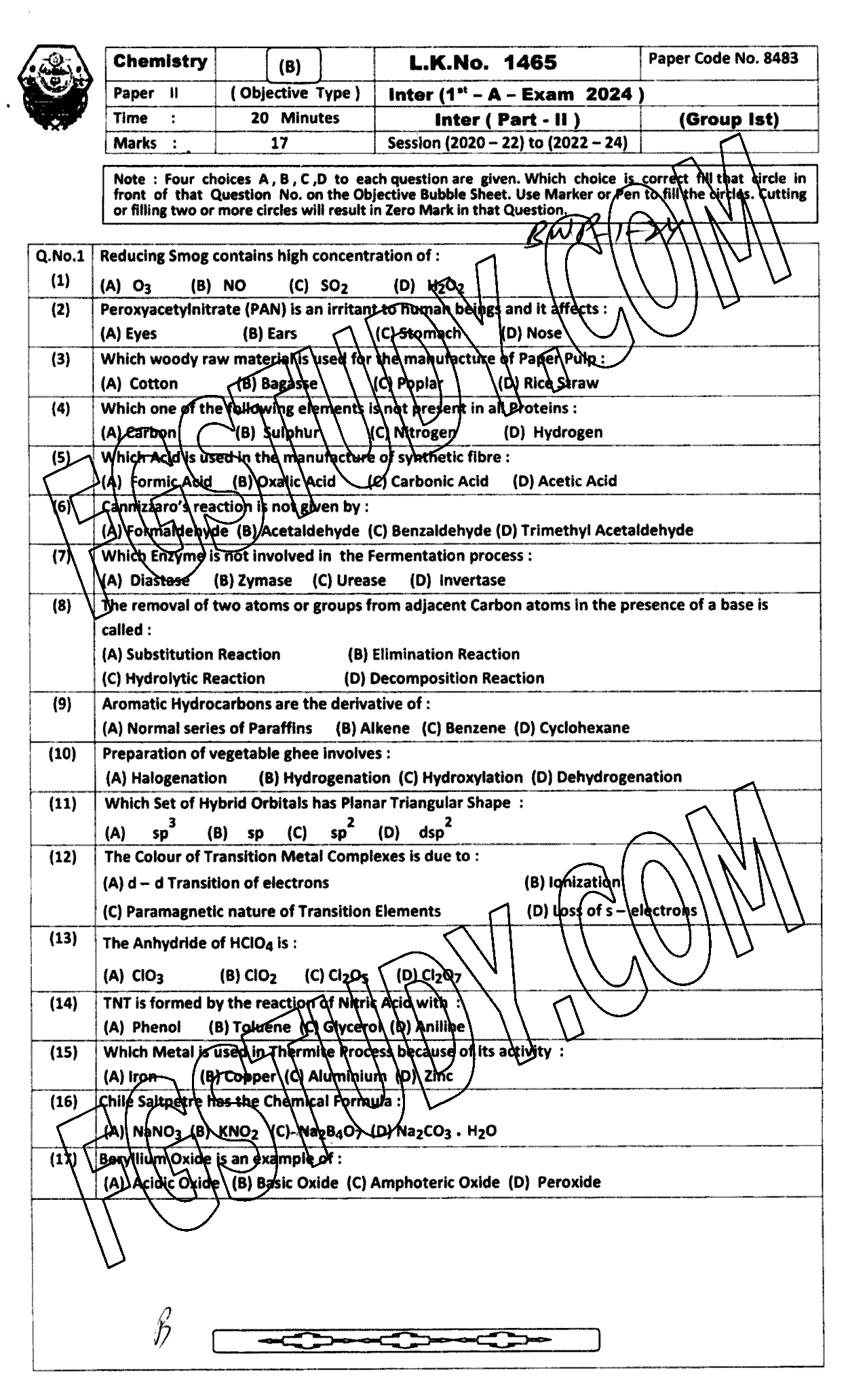 12th Class Chemistry Past Paper 2024 Bahawalpur Board Group 1 Objective
