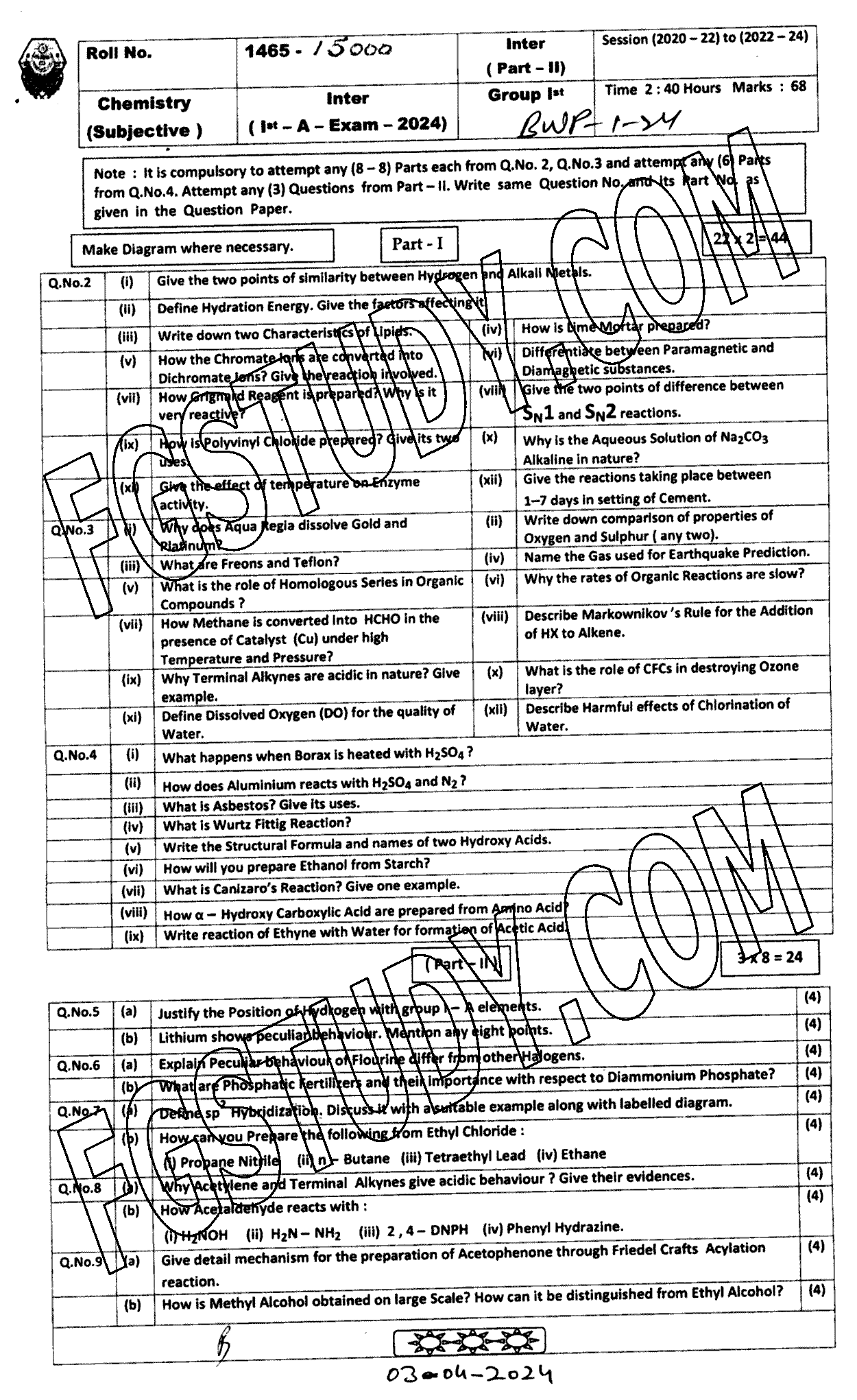 12th Class Chemistry Past Paper 2024 Bahawalpur Board Group 1 Subjective