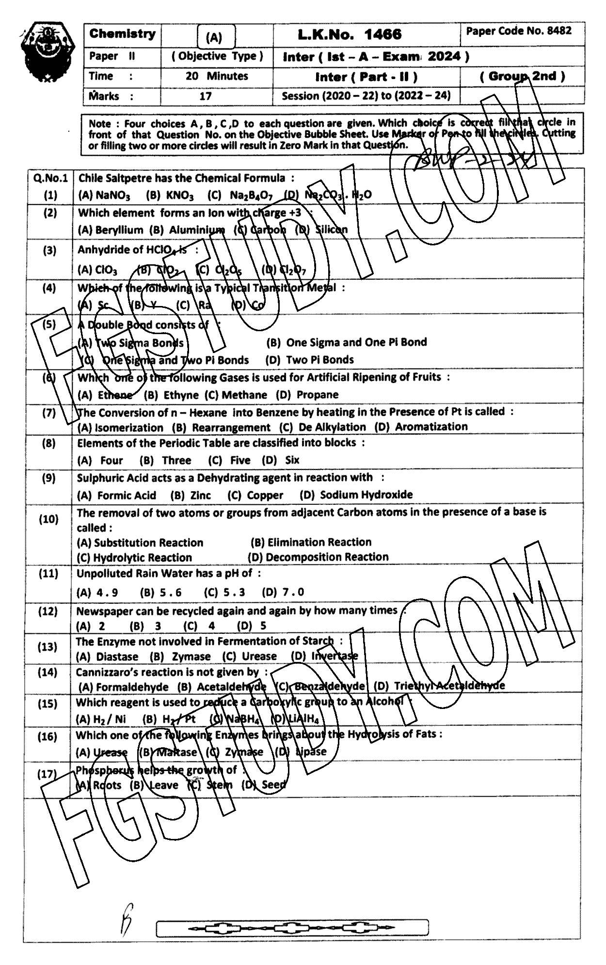 12th Class Chemistry Past Paper 2024 Bahawalpur Board Group 2 Objective