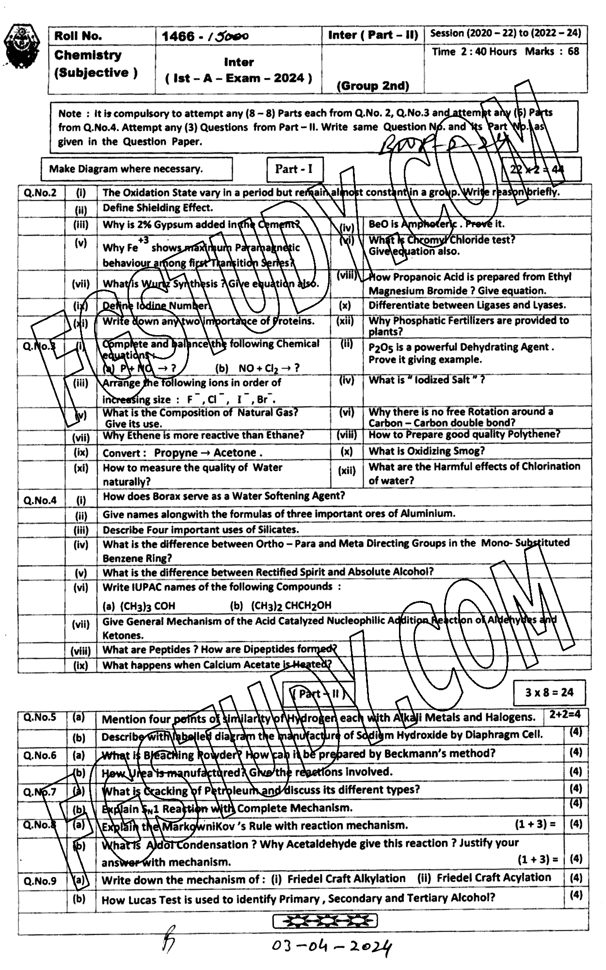 12th Class Chemistry Past Paper 2024 Bahawalpur Board Group 2 Subjective