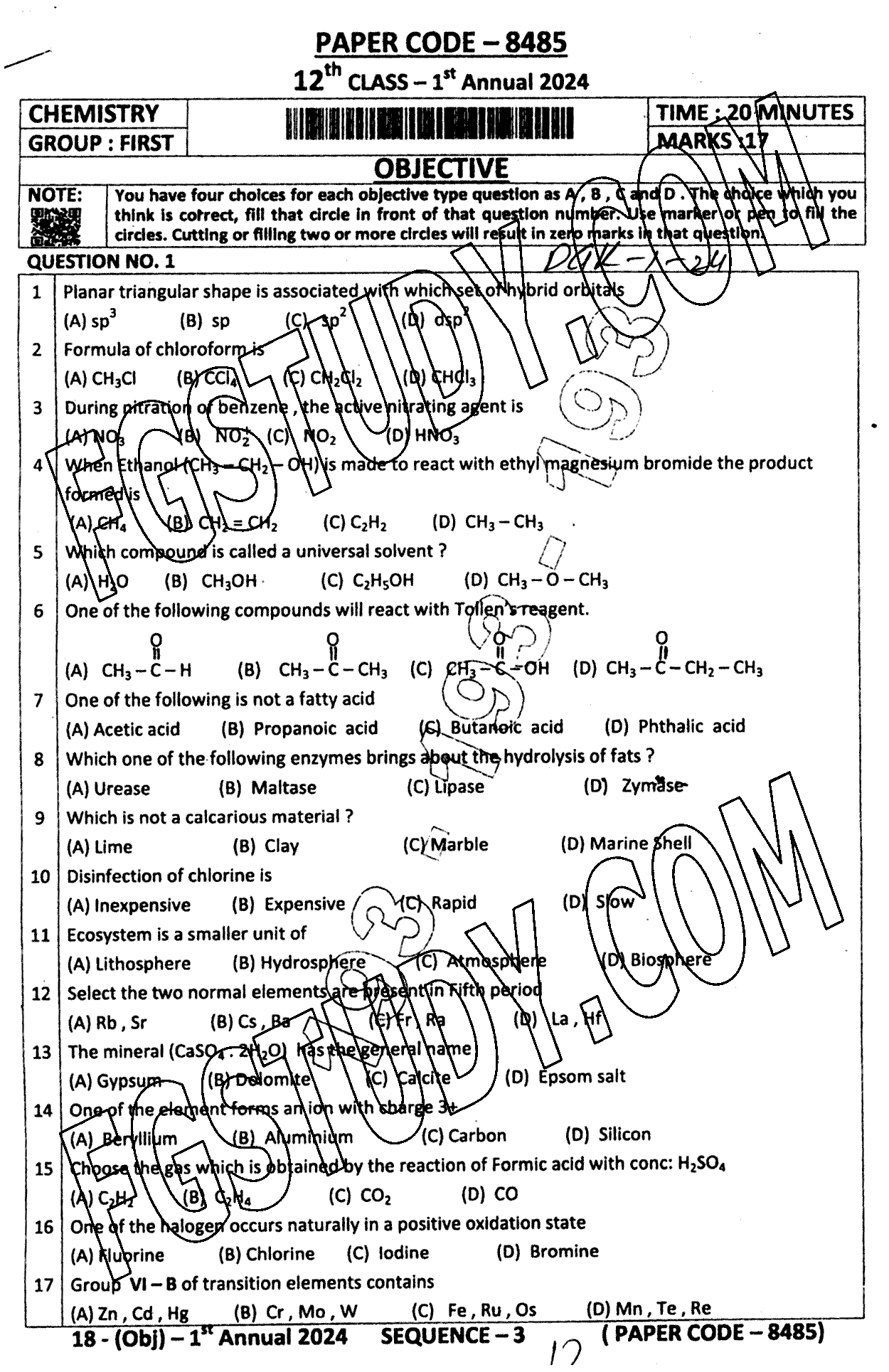 12th Class Chemistry Past Paper 2024 Dg Khan Board Group 1 Objective