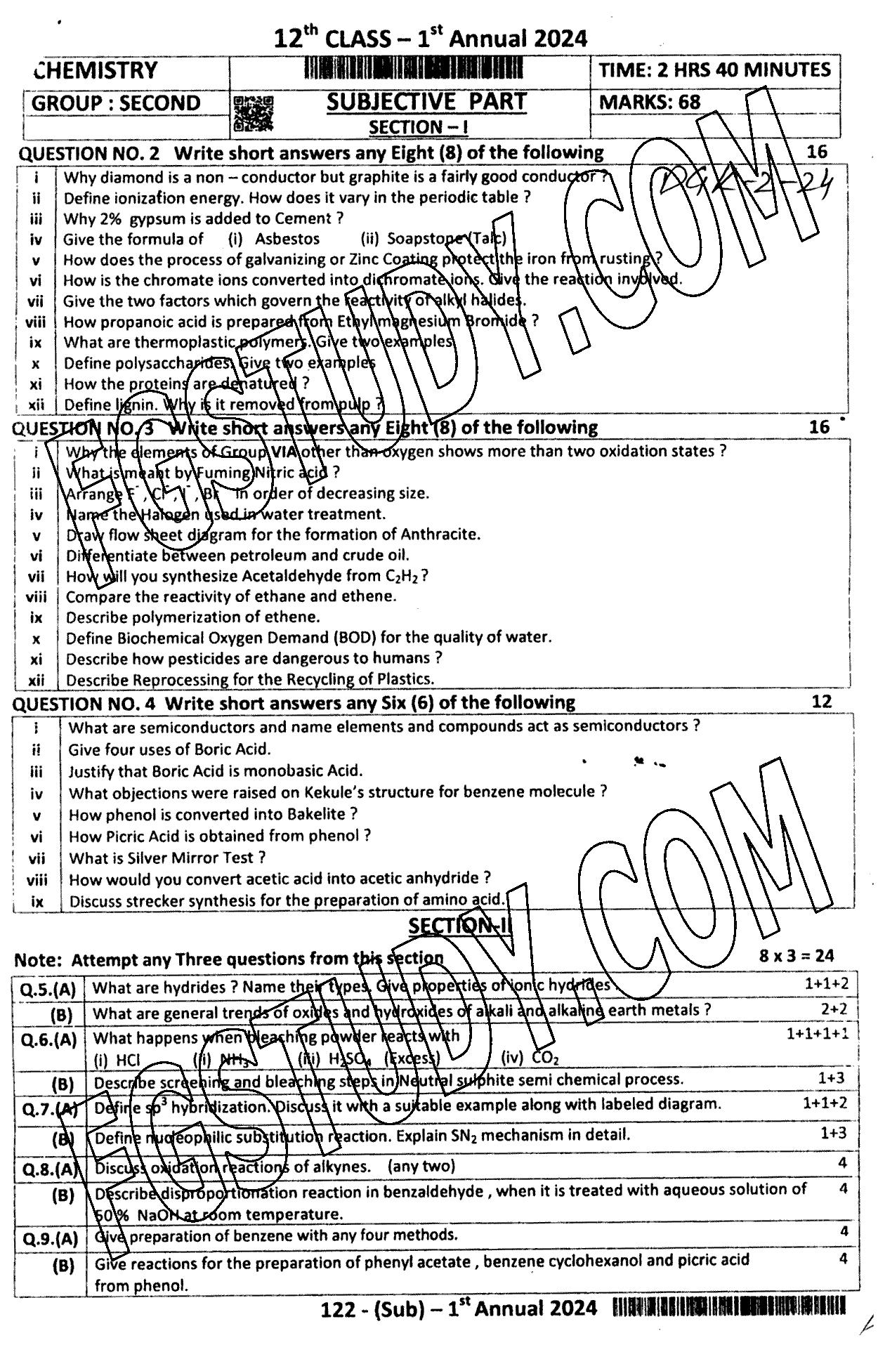 12th Class Chemistry Past Paper 2024 Dg Khan Board Group 2 Subjective