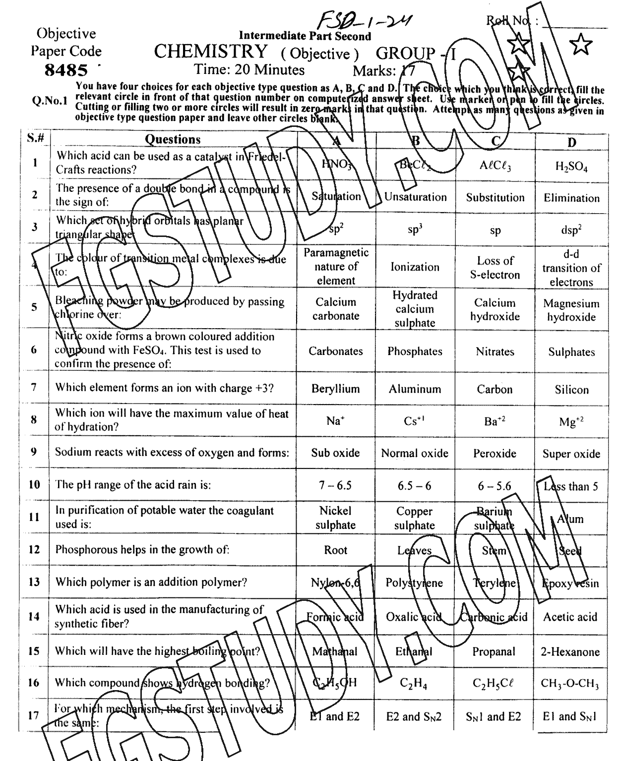 12th Class Chemistry Past Paper 2024 Faisalabad Board Group 1 Objective