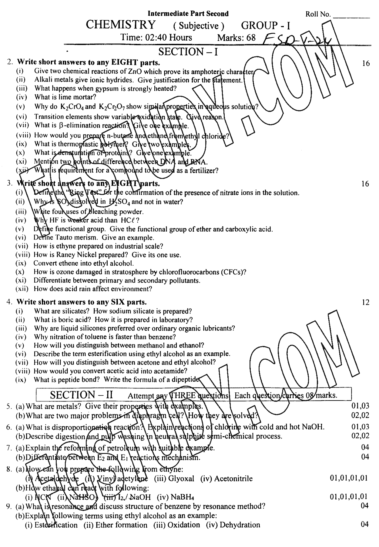 12th Class Chemistry Past Paper 2024 Faisalabad Board Group 1 Subjective