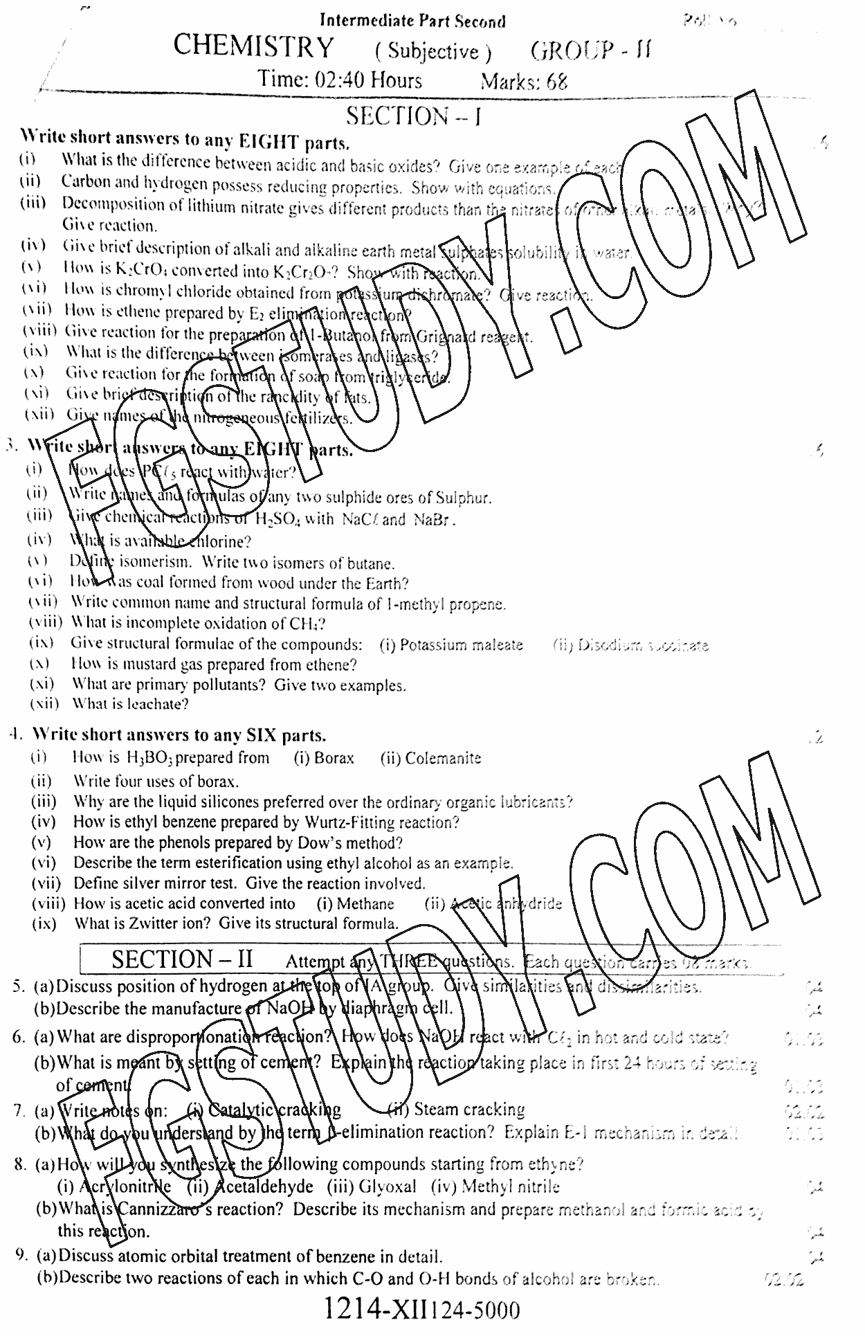 12th Class Chemistry Past Paper 2024 Faisalabad Board Group 2 Subjective