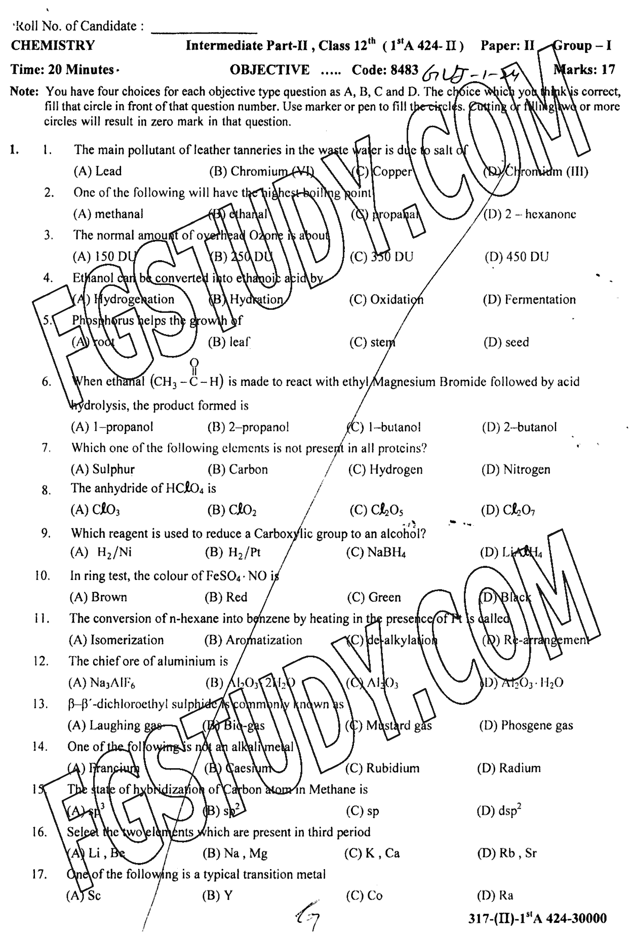 12th Class Chemistry Past Paper 2024 Gujranwala Board Group 1 Objective