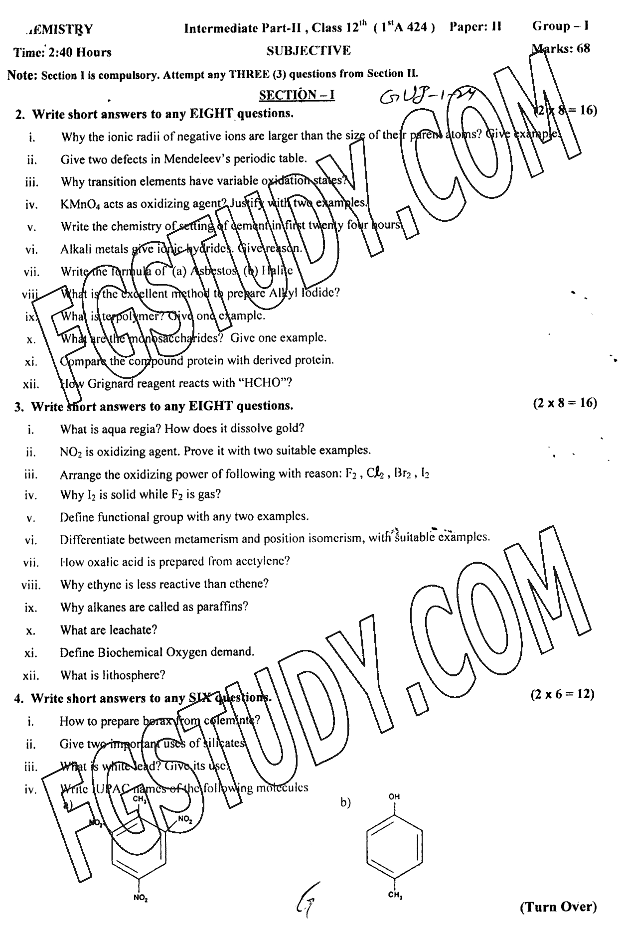 12th Class Chemistry Past Paper 2024 Gujranwala Board Group 1 Subjective