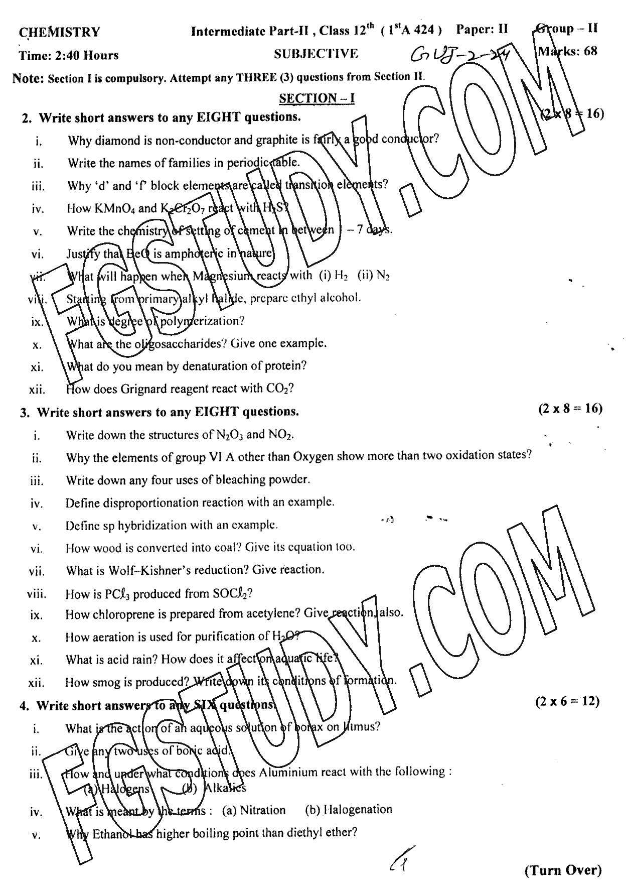12th Class Chemistry Past Paper 2024 Gujranwala Board Group 2 Subjective