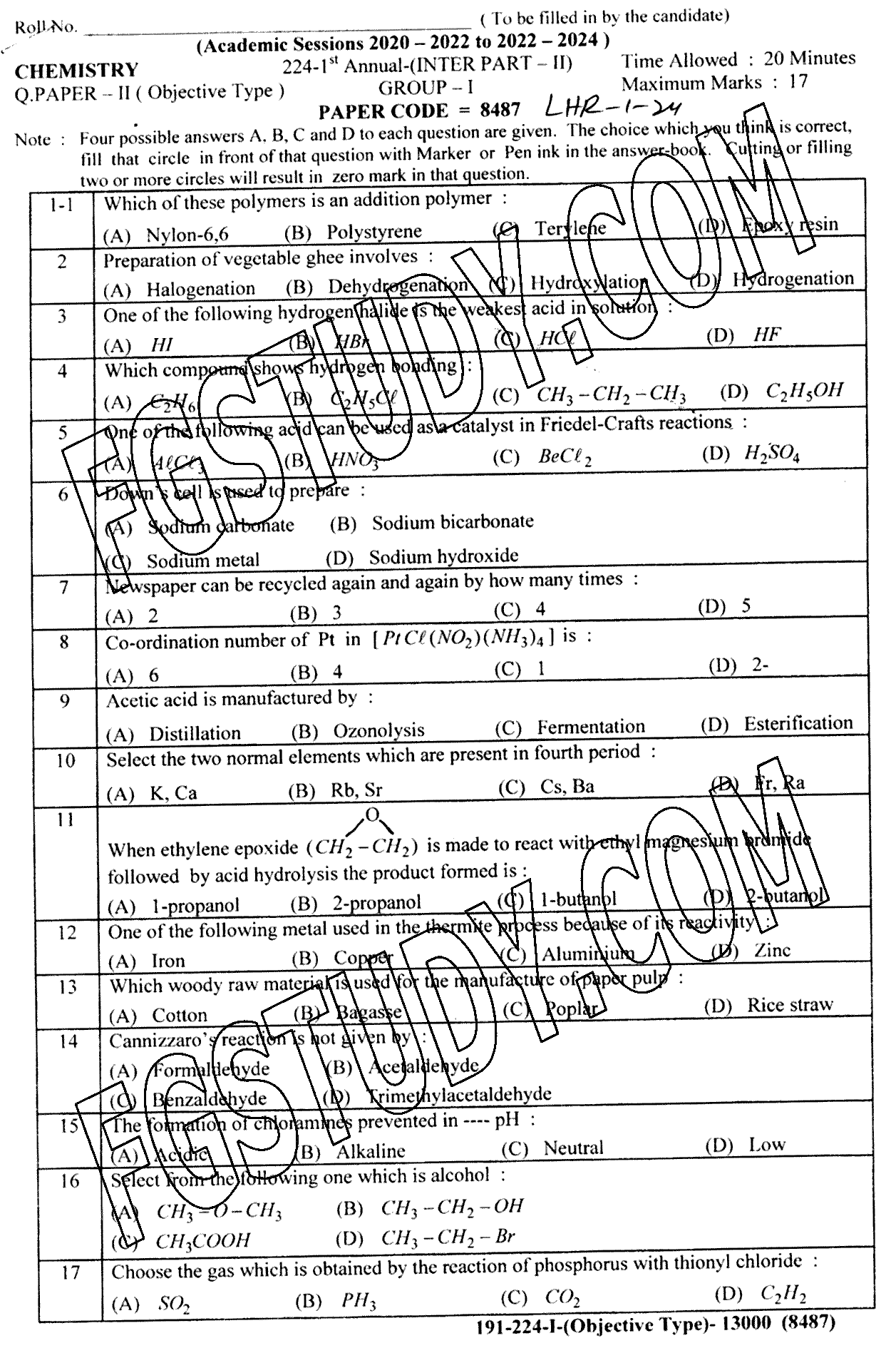 12th Class Chemistry Past Paper 2024 Lahore Board Group 1 Objective