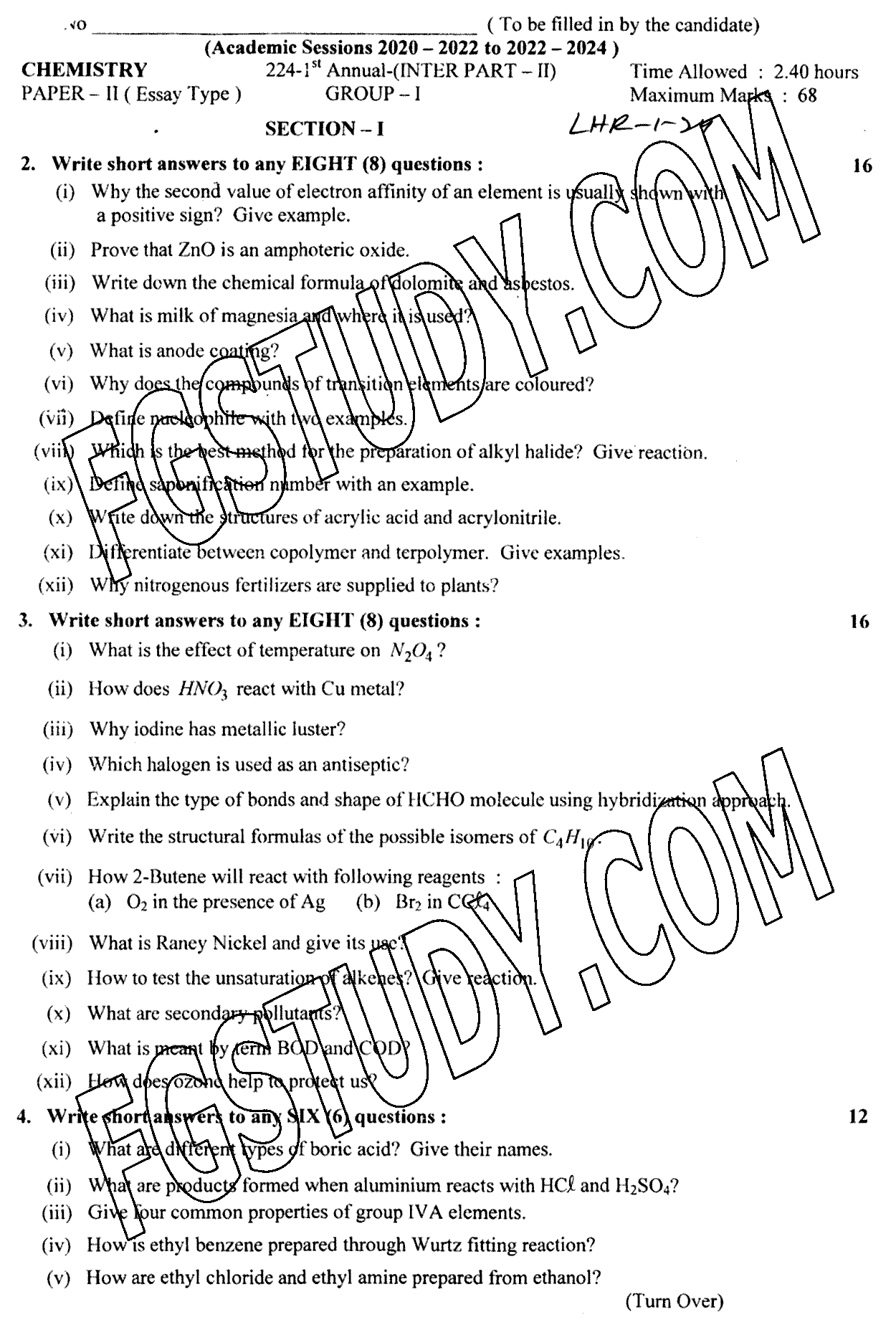 12th Class Chemistry Past Paper 2024 Lahore Board Group 1 Subjective