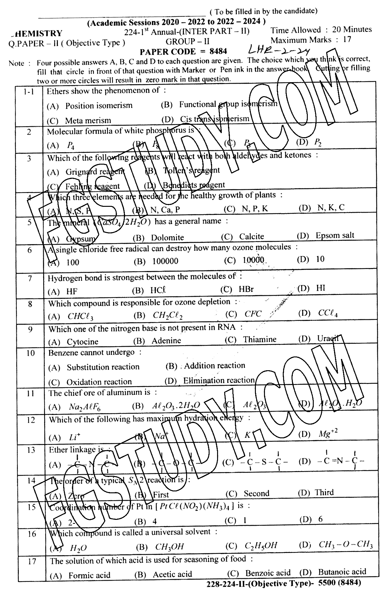 12th Class Chemistry Past Paper 2024 Lahore Board Group 2 Objective
