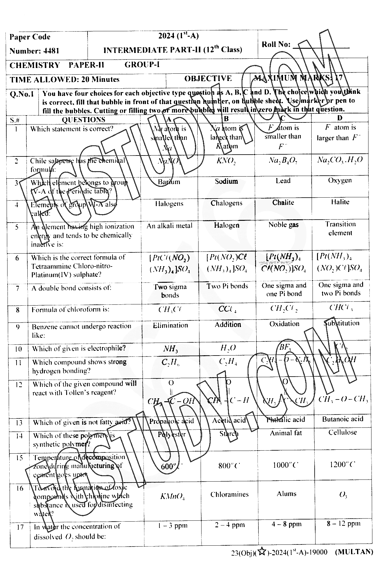 12th Class Chemistry Past Paper 2024 Multan Board Group 1 Objective