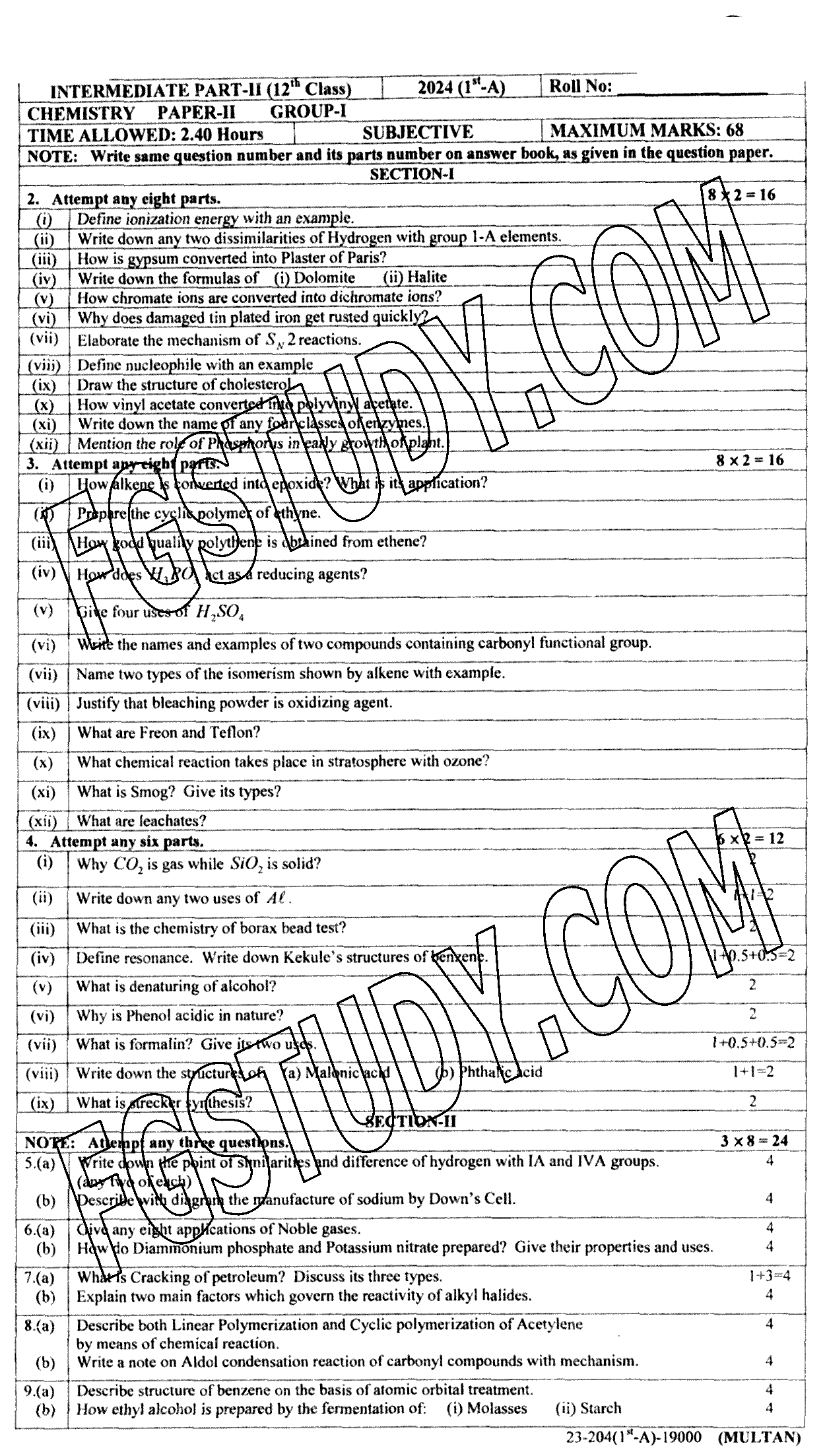 12th Class Chemistry Past Paper 2024 Multan Board Group 1 Subjective