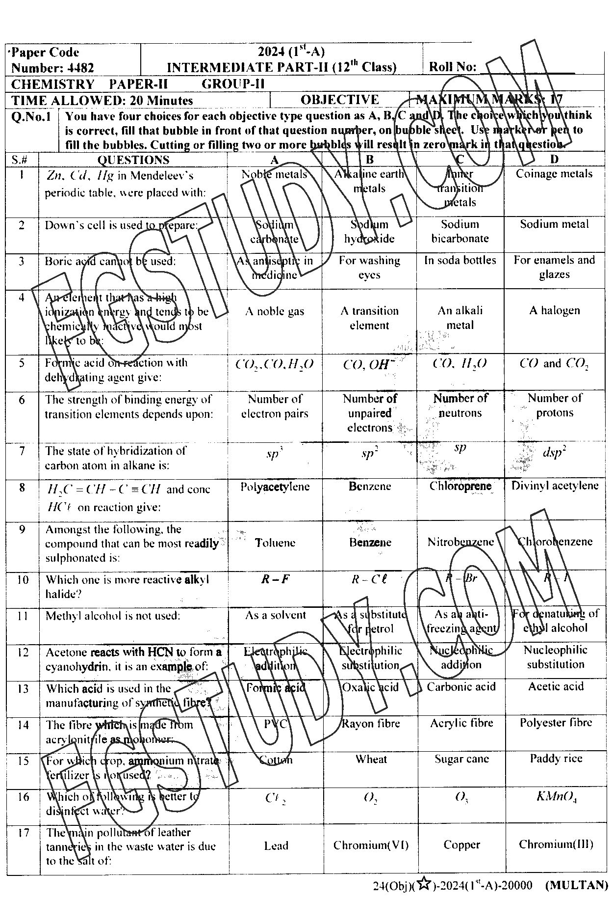 12th Class Chemistry Past Paper 2024 Multan Board Group 2 Objective