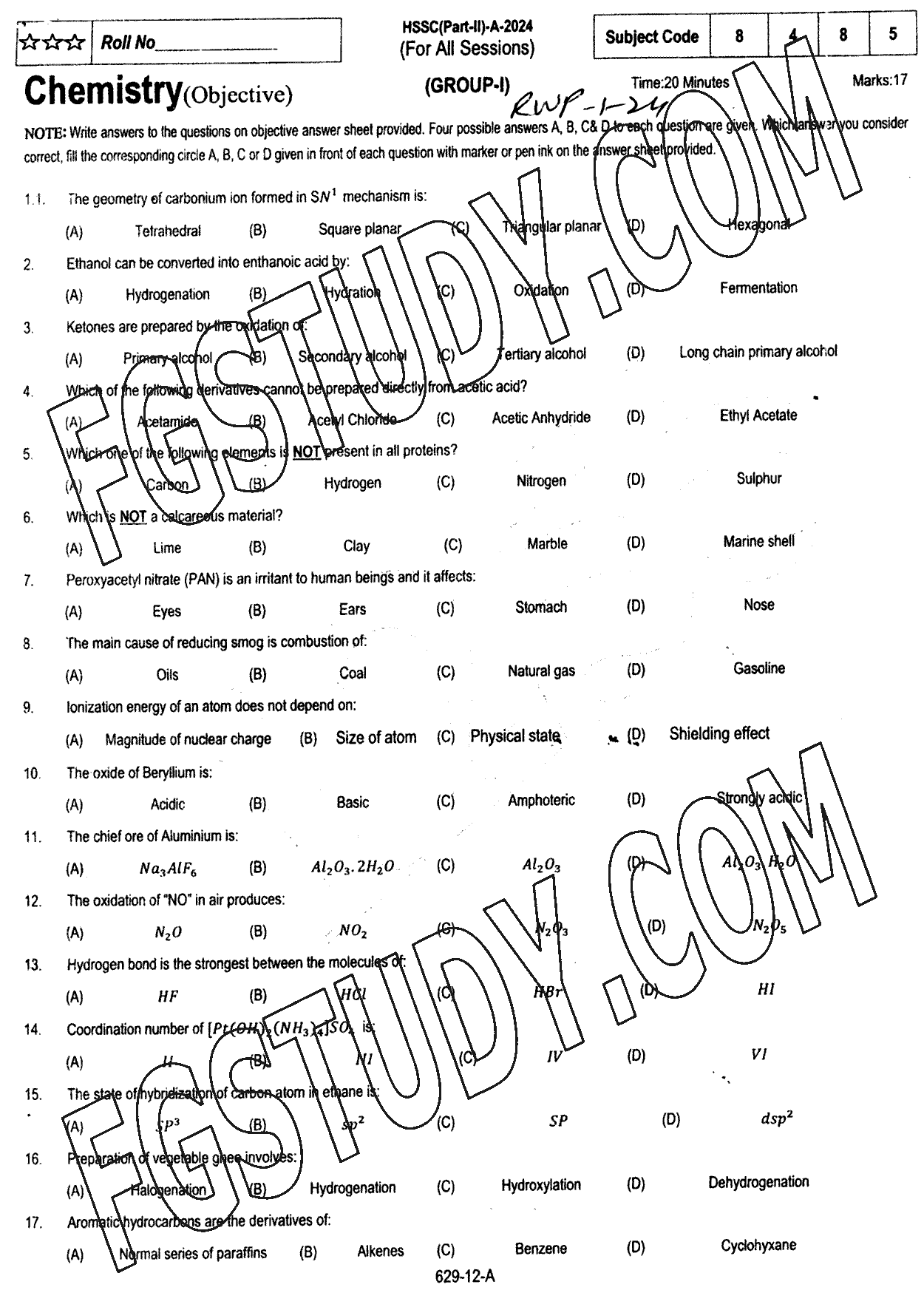 12th Class Chemistry Past Paper 2024 Rawalpindi Board Group 1 Objective
