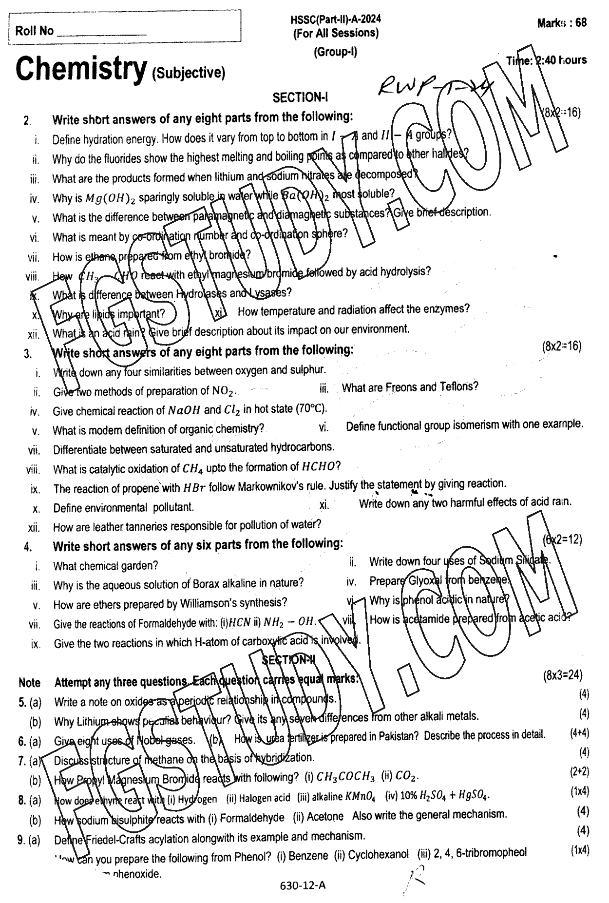 12th Class Chemistry Past Paper 2024 Rawalpindi Board Group 1 Subjective
