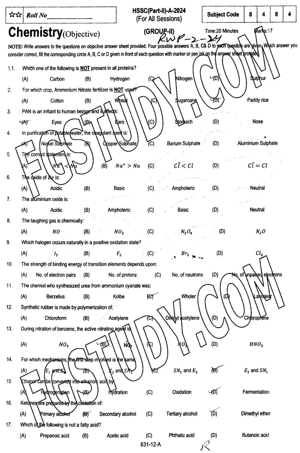12th Class Chemistry Past Paper 2024 Rawalpindi Board Group 2 Objective