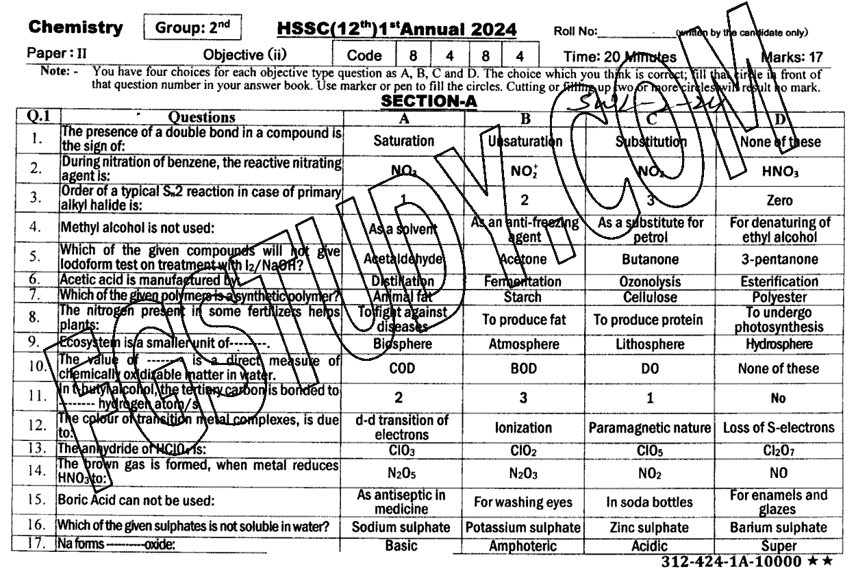 12th Class Chemistry Past Paper 2024 Sahiwal Board Group 2 Objective