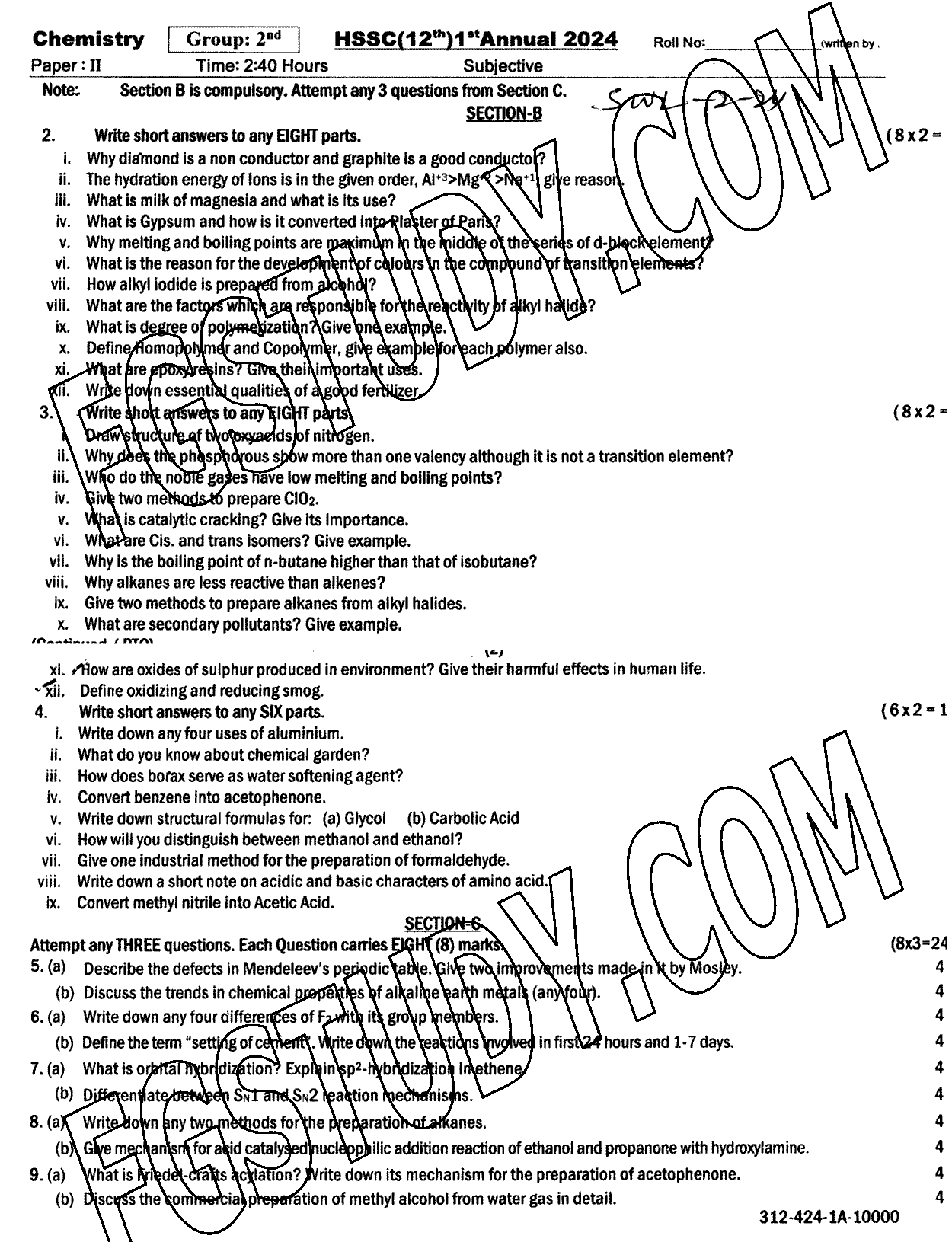 12th Class Chemistry Past Paper 2024 Sahiwal Board Group 2 Subjective