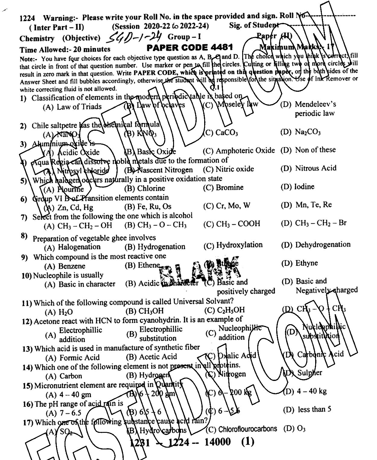 12th Class Chemistry Past Paper 2024 Sargodha Board Group 1 Objective