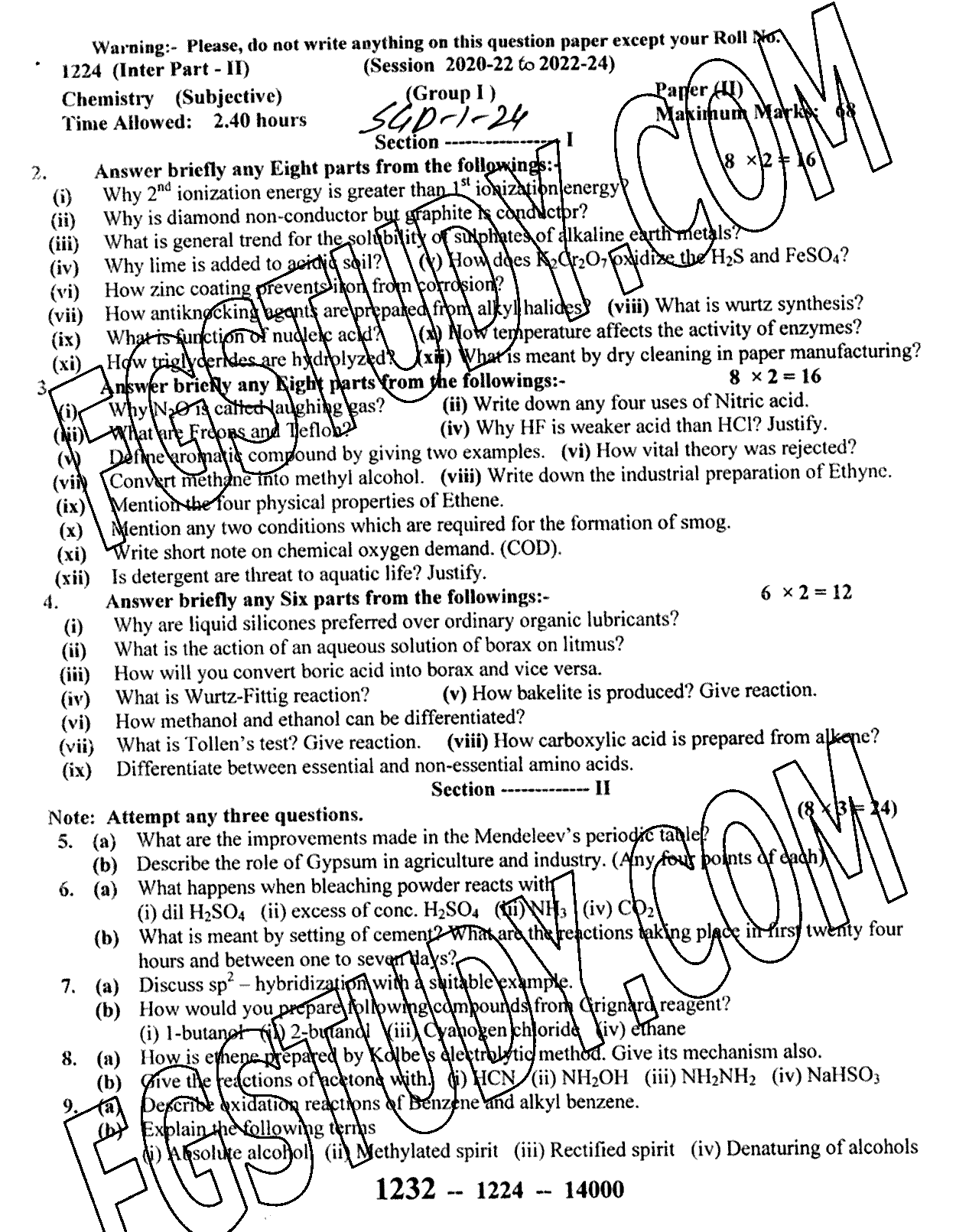 12th Class Chemistry Past Paper 2024 Sargodha Board Group 1 Subjective