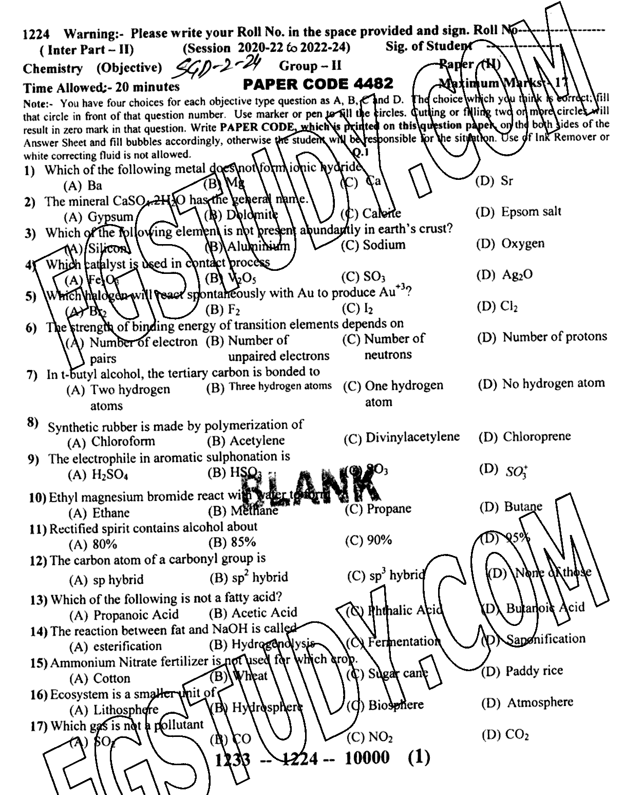12th Class Chemistry Past Paper 2024 Sargodha Board Group 2 Objective