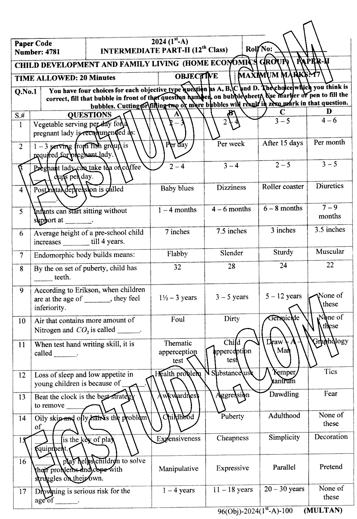 12th Class Child Development And Family Living Past Paper 2024 Multan Board Objective