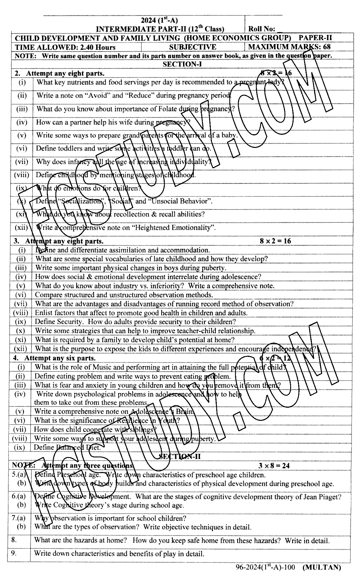 12th Class Child Development And Family Living Past Paper 2024 Multan Board Subjective