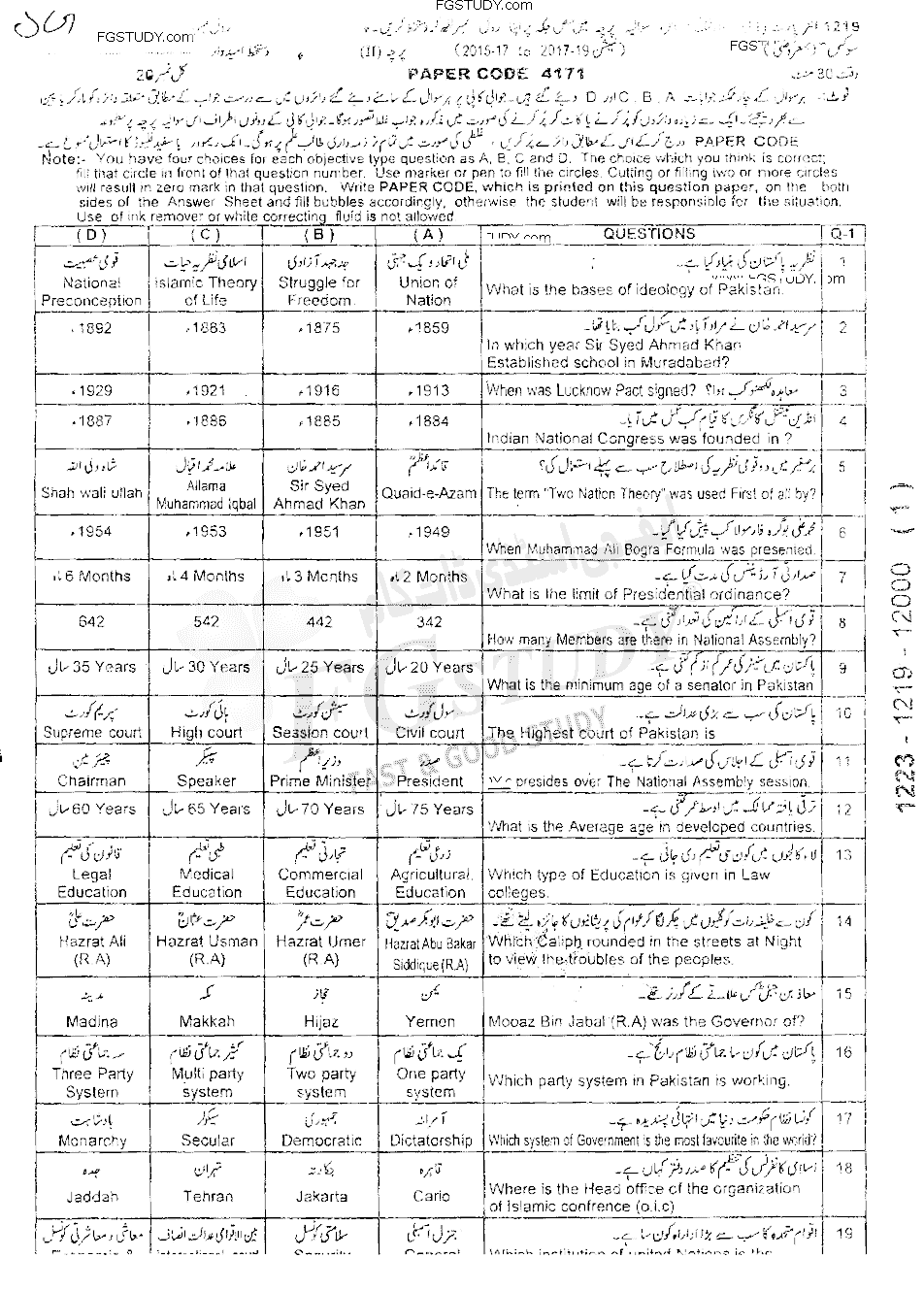 12th Class Civics Past Paper 2019 Sargodha Board Objective