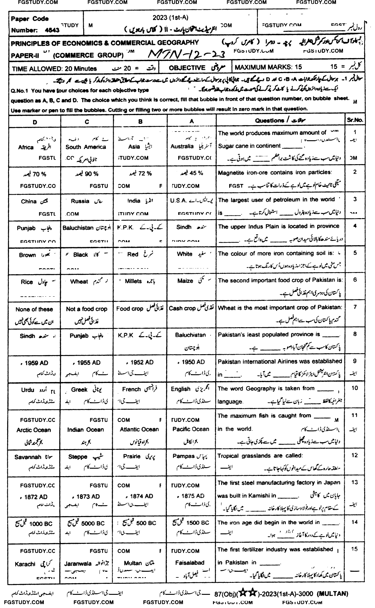 12th Class Commercial Geography Past Paper 2023 Multan Board Objective