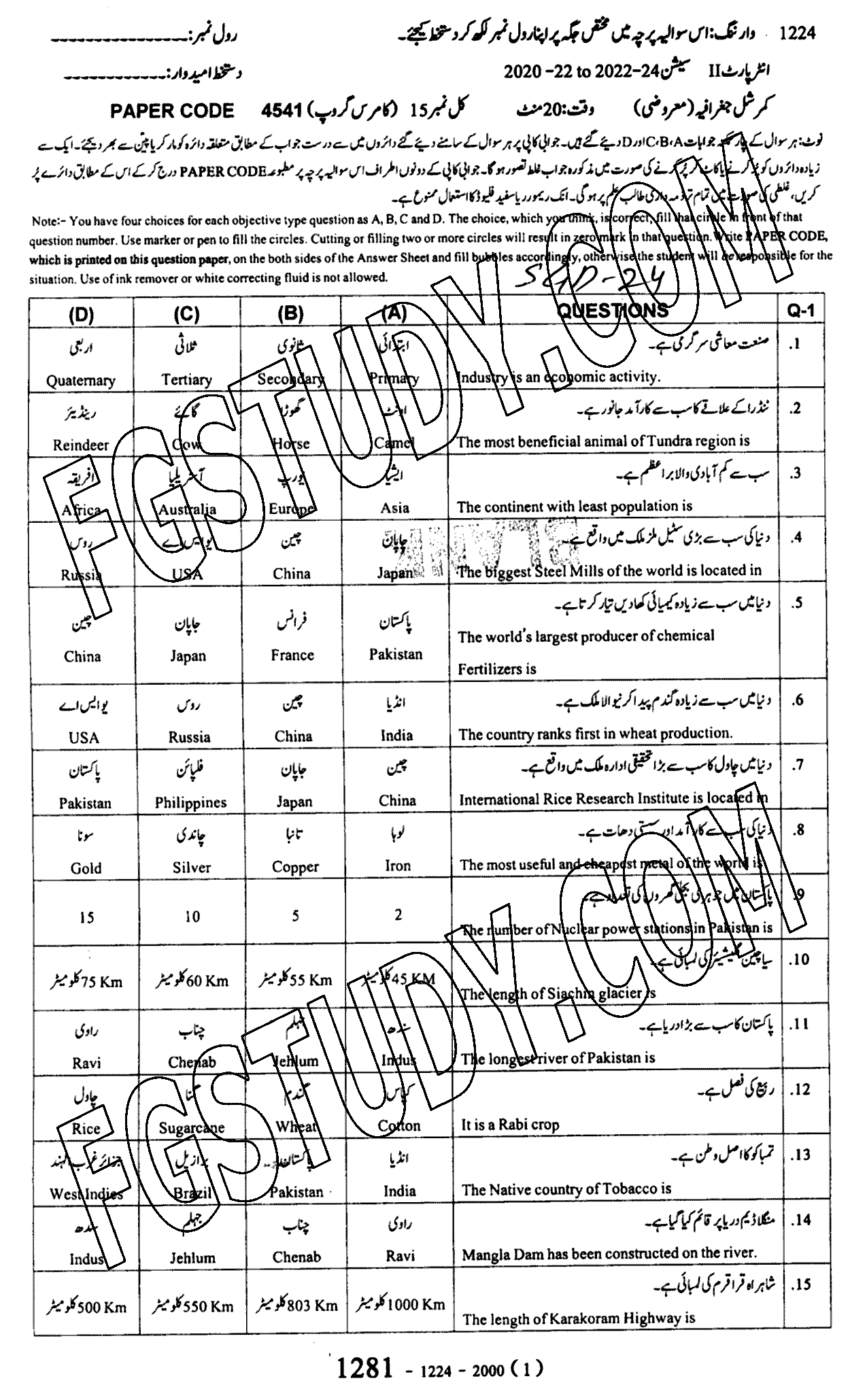 12th Class Commercial Geography Past Paper 2024 Sargodha Board Objective