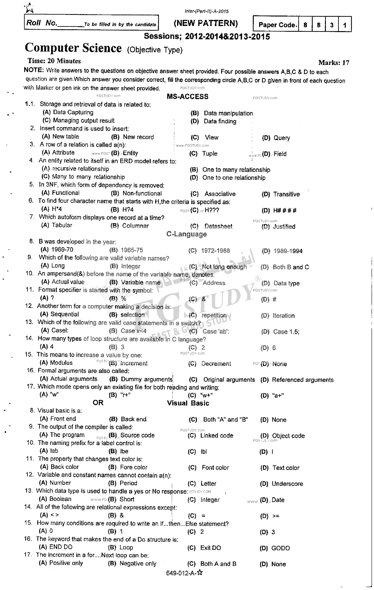 12th Class Computer Science Past Paper 2015 Rawalpindi Board Objective