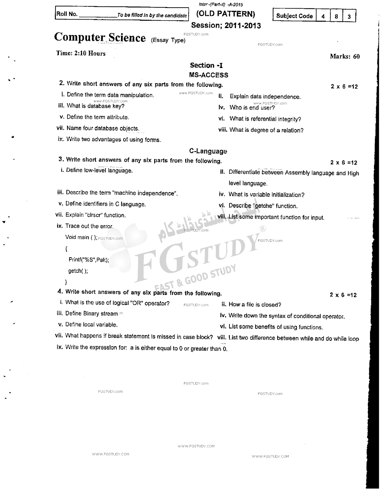 12th Class Computer Science Past Paper 2015 Rawalpindi Board Subjective