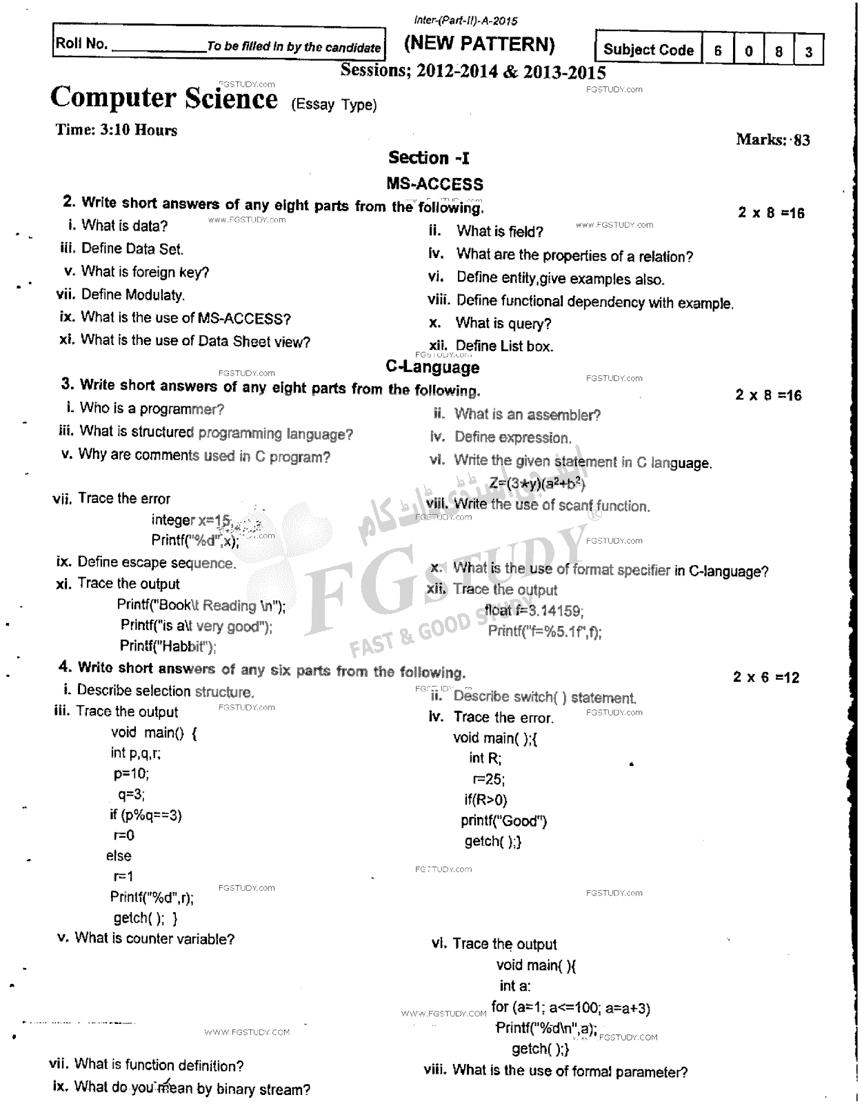 12th Class Computer Science Past Paper 2015 Rawalpindi Board Subjective