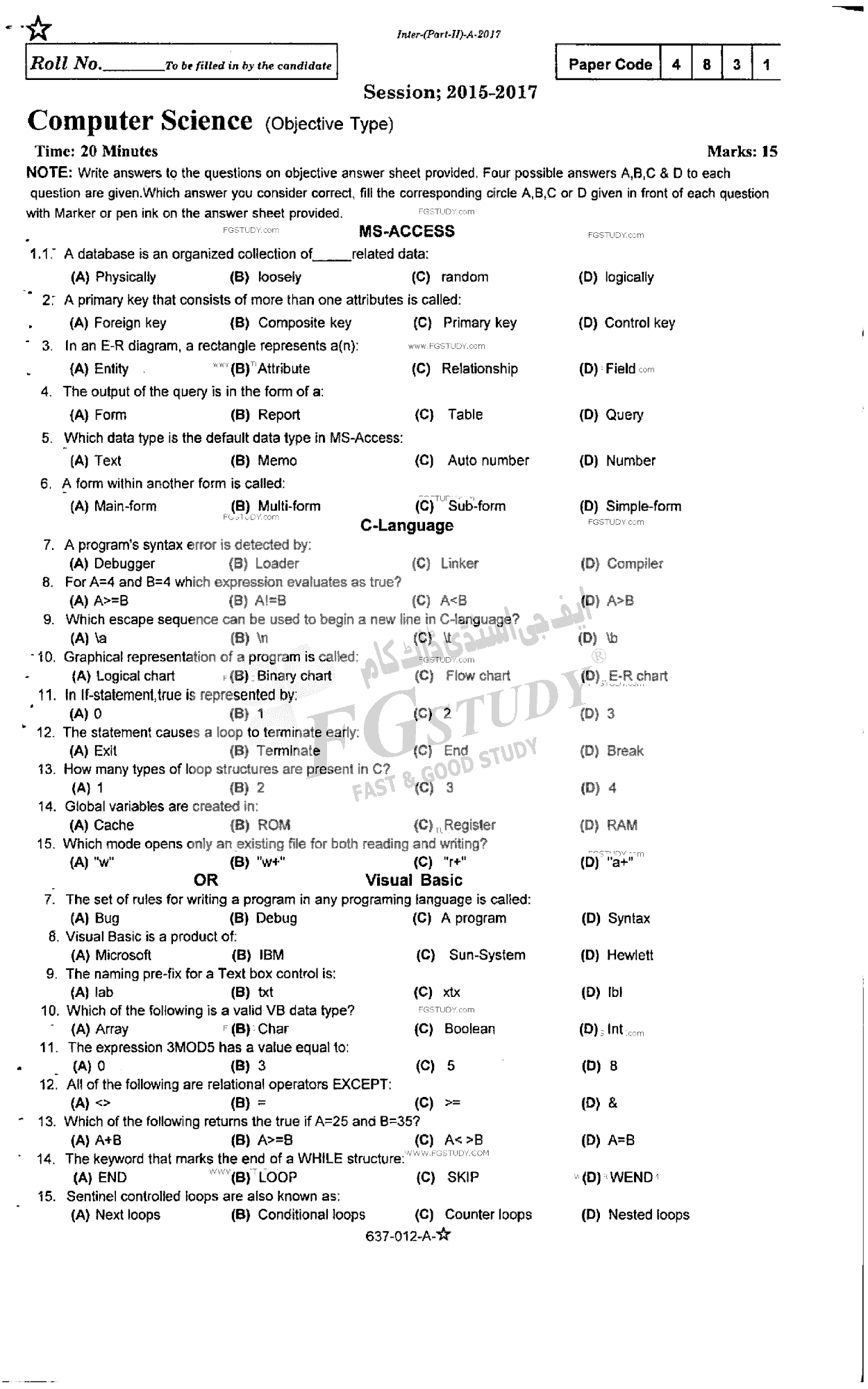 12th Class Computer Science Past Paper 2017 Rawalpindi Board Objective