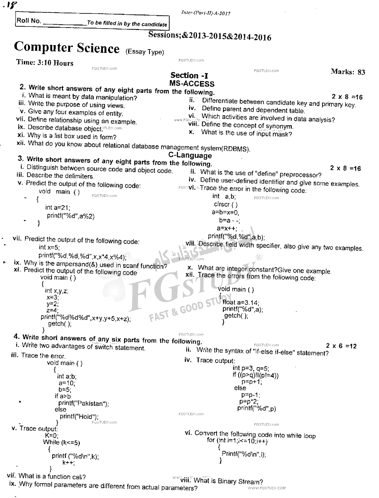 12th Class Computer Science Past Paper 2017 Rawalpindi Board Subjective