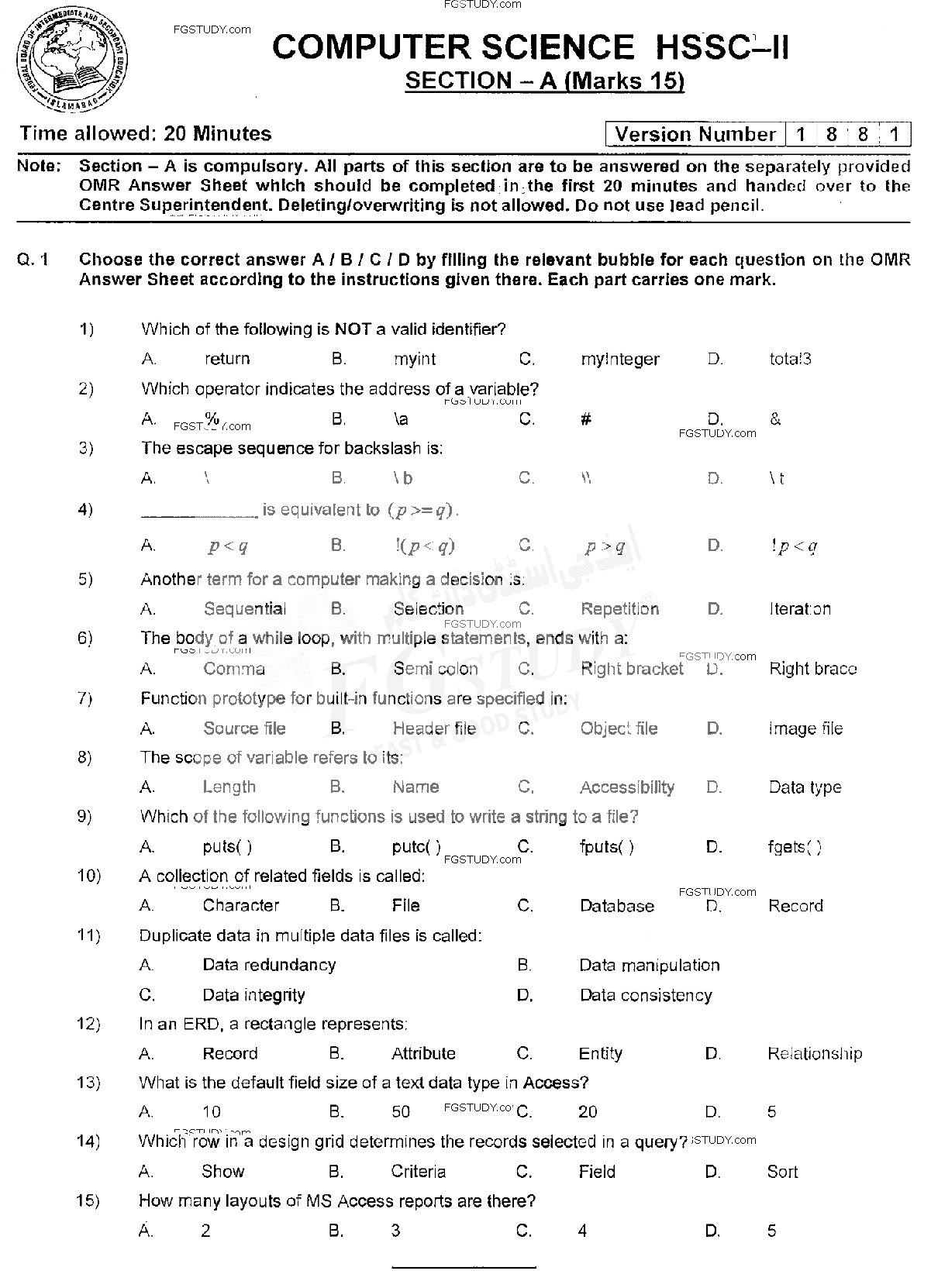 12th Class Computer Science Past Paper 2018 Federal Board Islamabad Objective