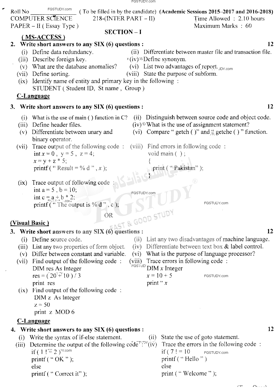12th Class Computer Science Past Paper 2018 Lahore Board Subjective