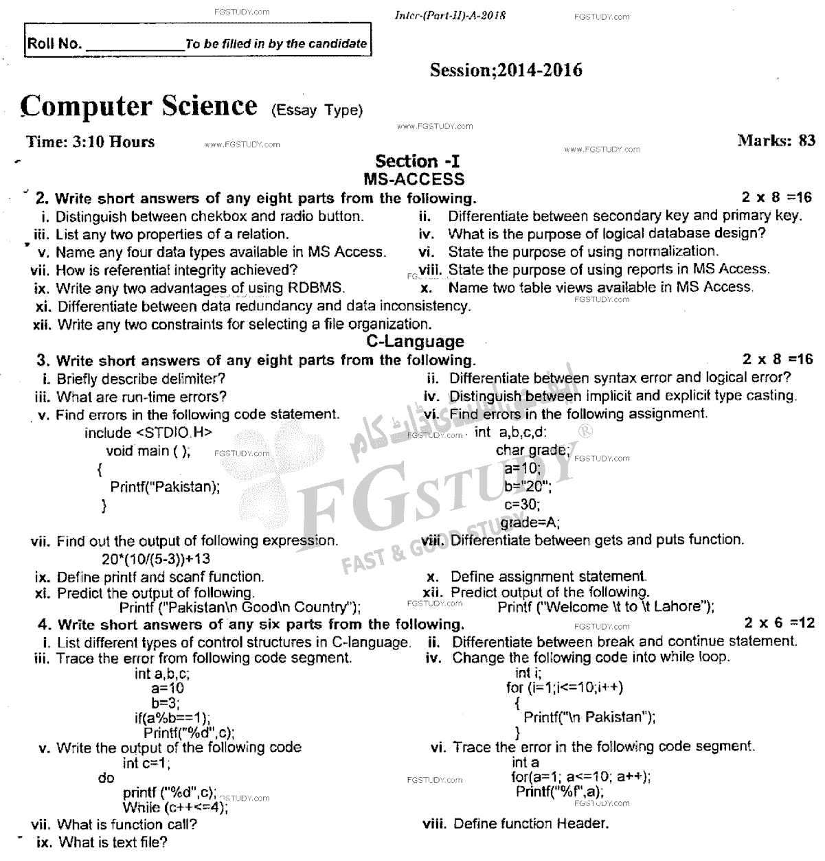 12th Class Computer Science Past Paper 2018 Rawalpindi Board Subjective